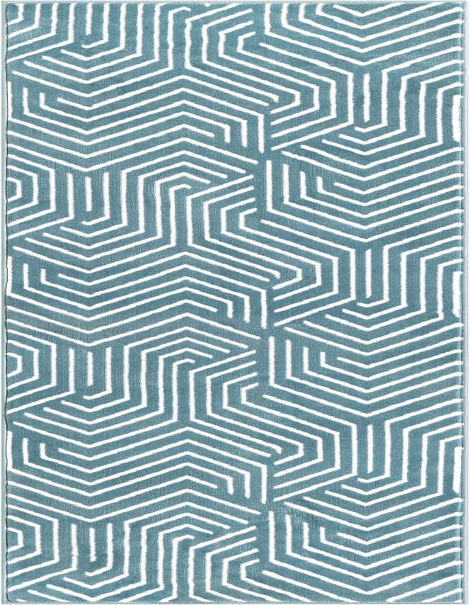 A 6 ft runner rug in shades of blue with a modern geometric pattern, ideal for hallways or kitchens.