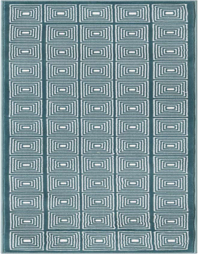 A 6 ft runner rug in shades of blue, featuring a repeating geometric pattern of concentric squares.