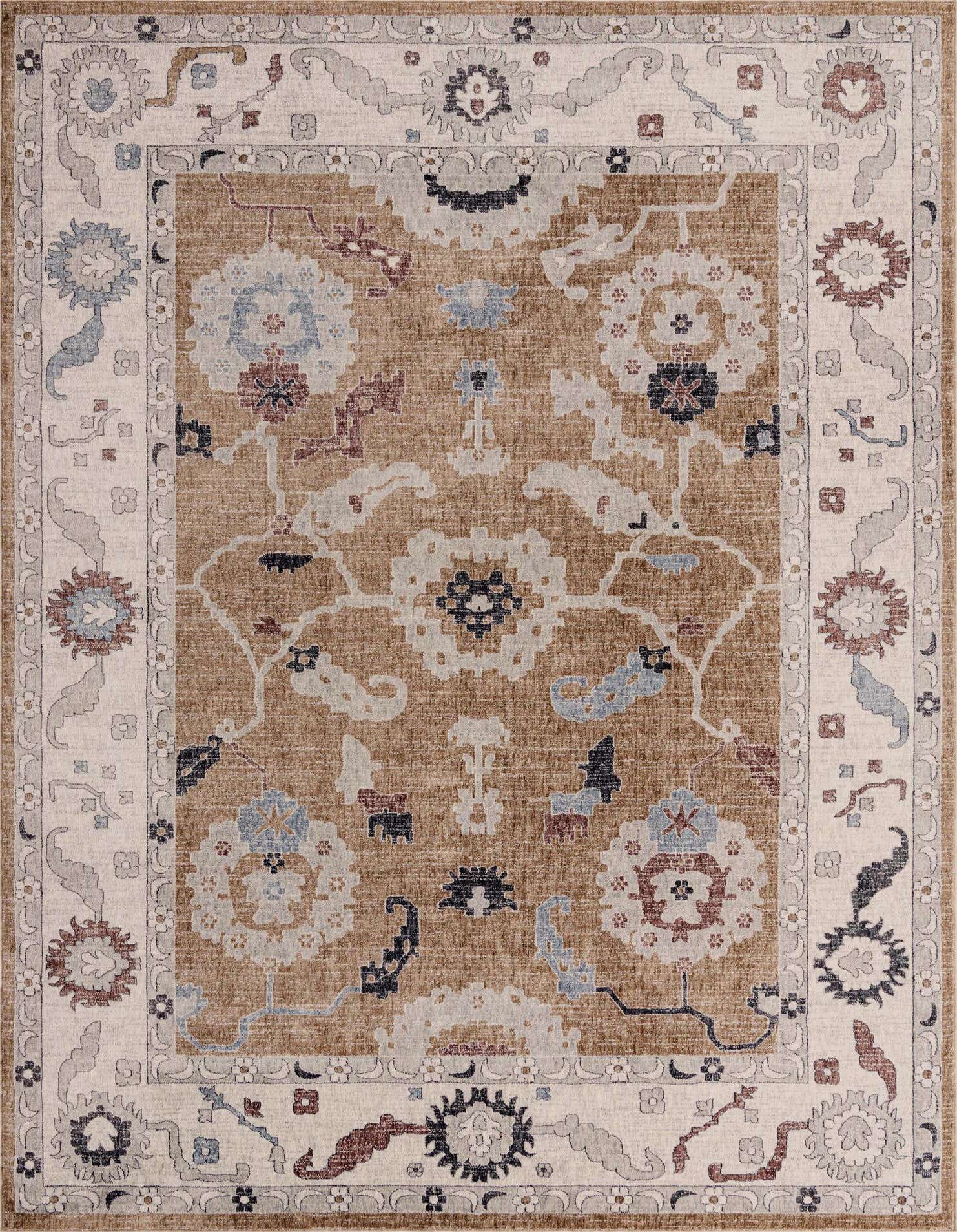 A 10x13 rectangular Eco Traditional rug featuring a brown field with ivory, blue, and red floral patterns, bordered by an ivory frame with subtle floral motifs.