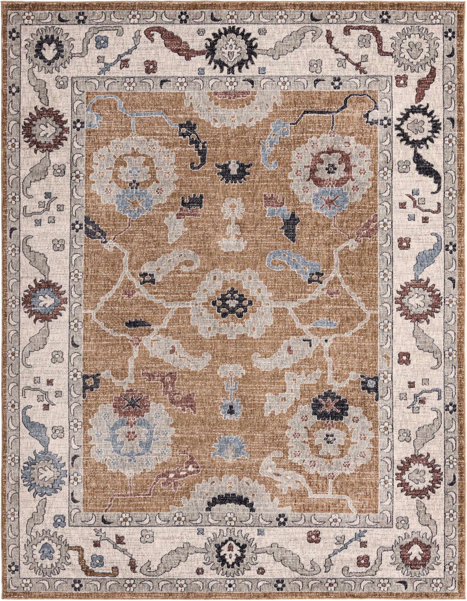 An 8x10 rectangular Eco Traditional rug featuring a tan and brown field with ivory, blue, and grey floral motifs, framed by a decorative border.