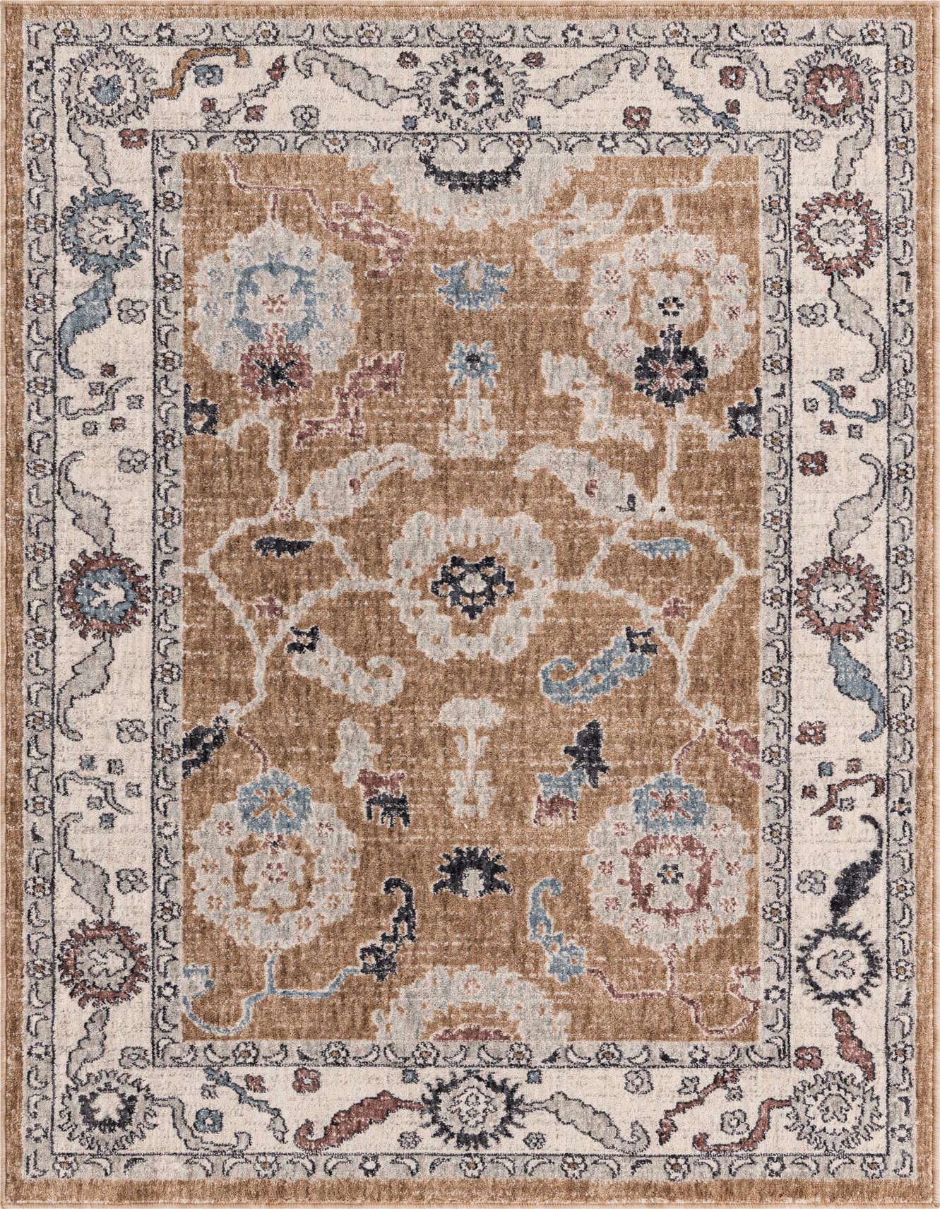 A 4x6 rectangular Eco Traditional rug featuring a brown field with ivory, blue, and red floral patterns, framed by an ivory border.
