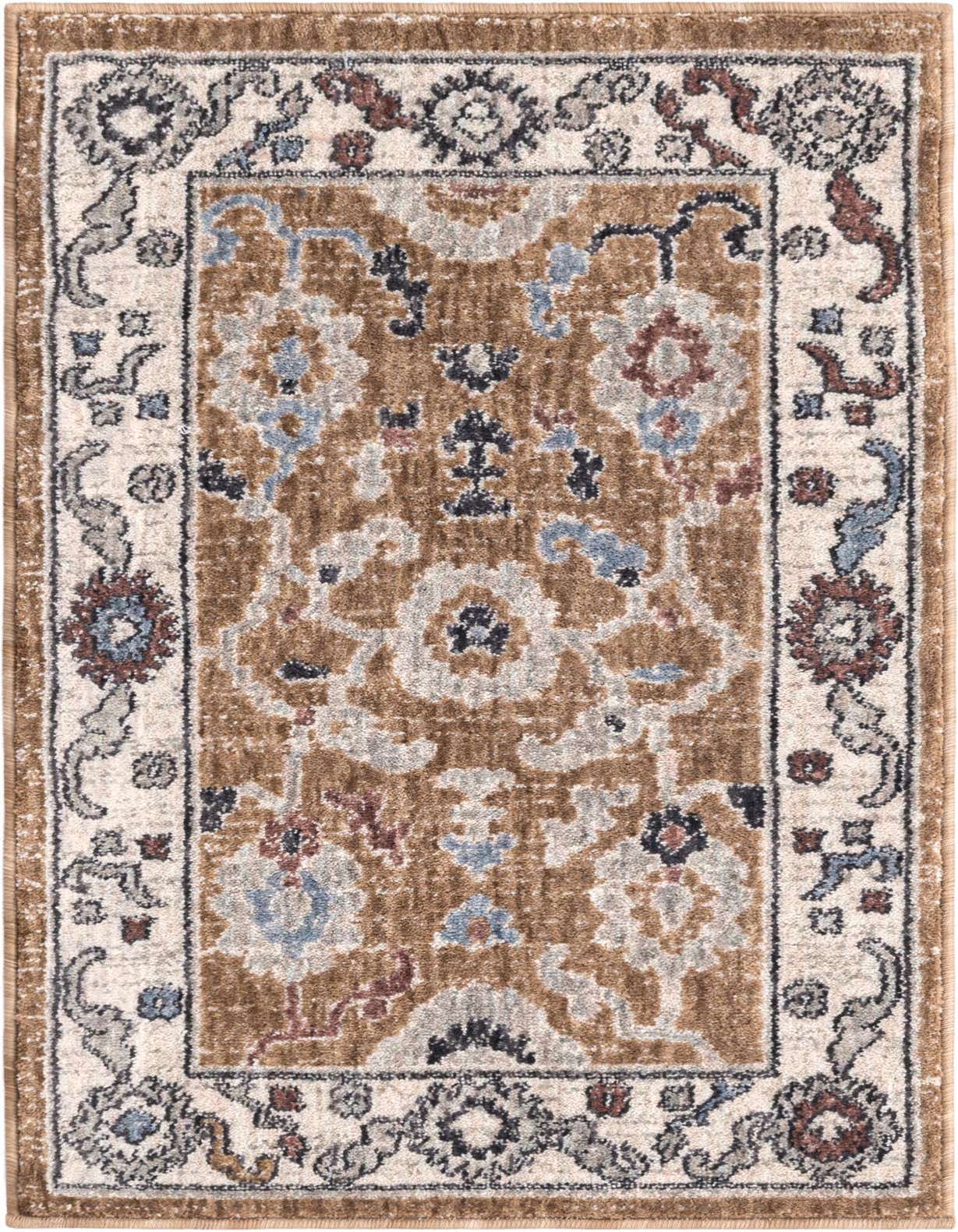 A 2x3 rectangular Eco Traditional rug in brown and ivory, featuring a detailed floral pattern with accents of blue and grey.