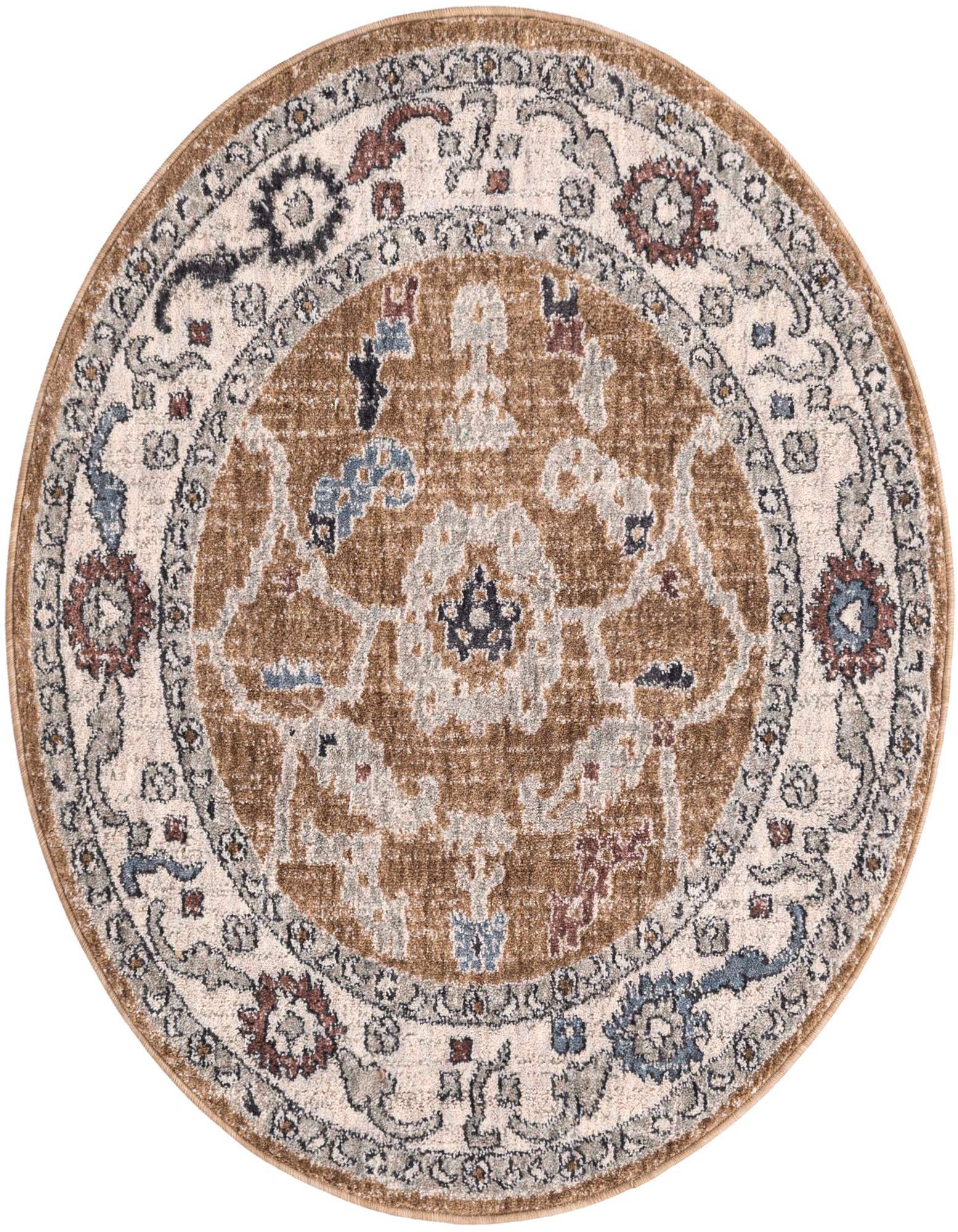 A 3' 3 x 3' 3 round Eco Traditional rug in brown and ivory with a detailed floral and medallion pattern.