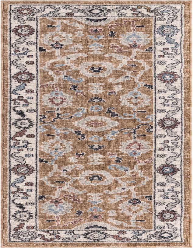 A 6 ft runner rug with a traditional floral pattern in shades of brown, tan, cream, and subtle blues and reds, perfect for a hallway.