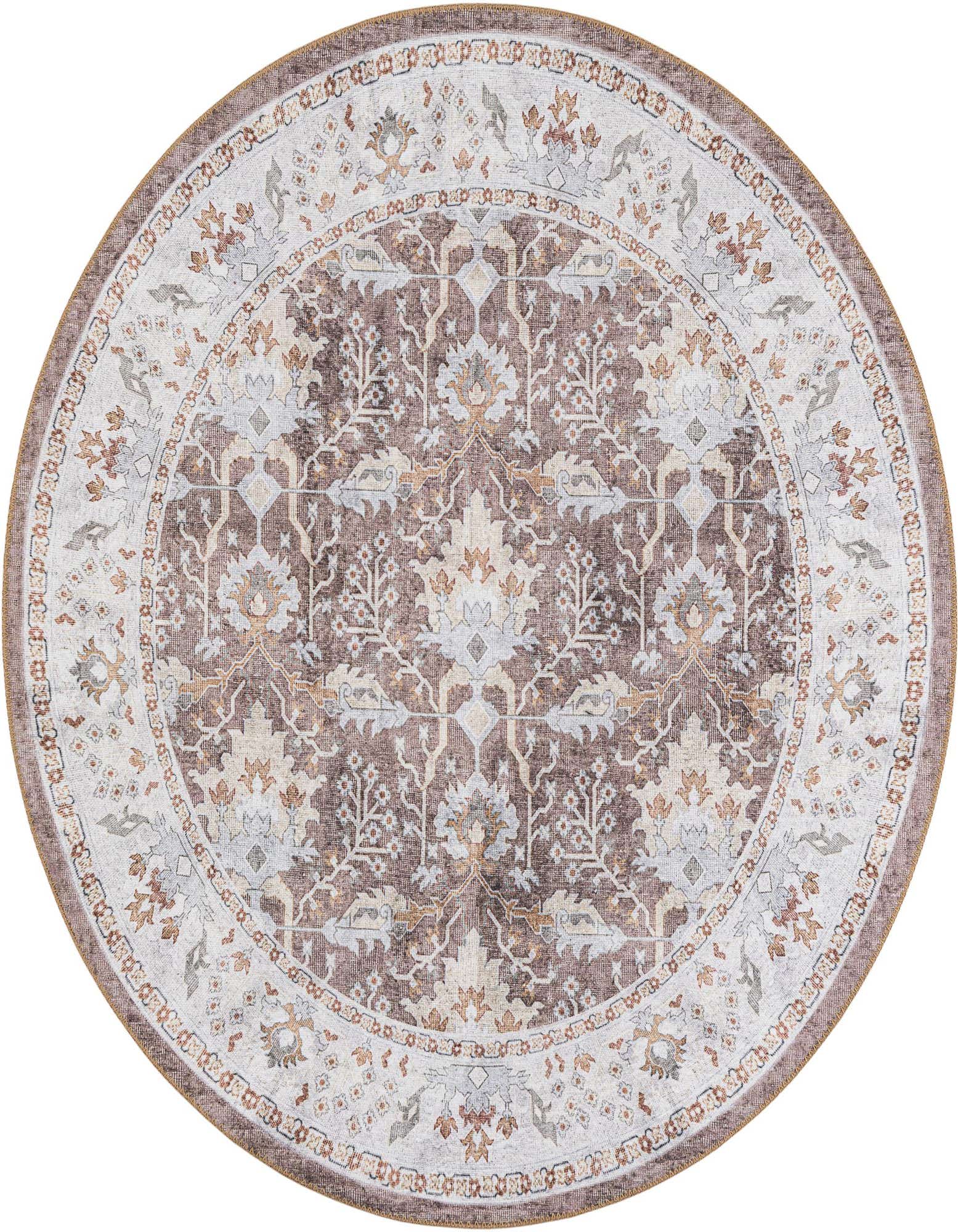 A 5' 1 round almond brown vintage rug with a traditional medallion pattern and light border.