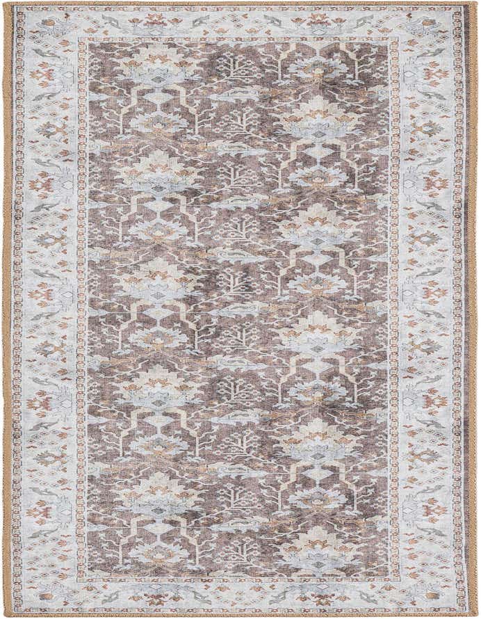 A 6 ft runner rug in almond brown with an oriental medallion pattern and a light border, ideal for hallways.