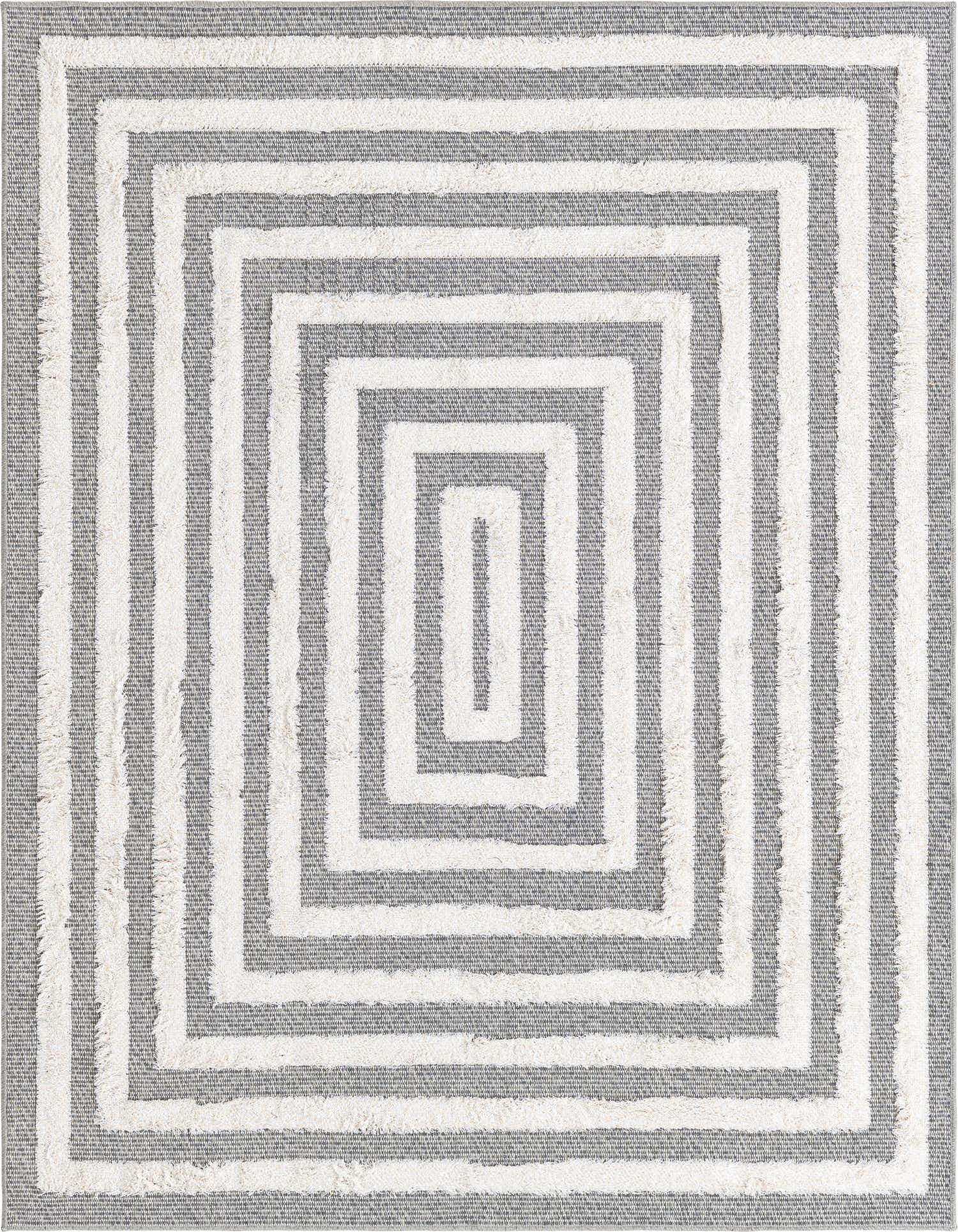 A 4x6 rectangular black and white modern striped area rug with a textured, high pile.