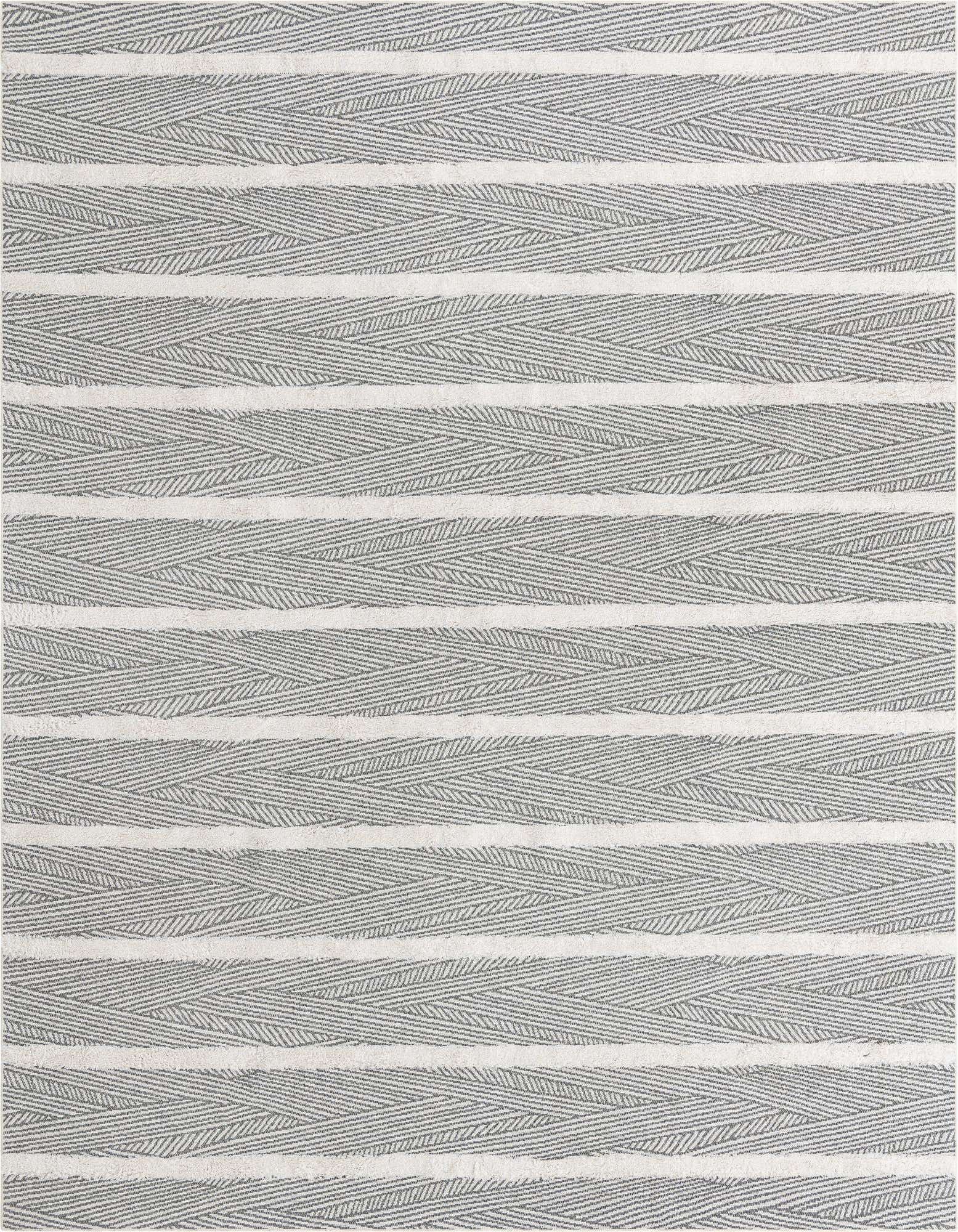A 9x12 rectangular flatweave rug with alternating stripes of white and textured gray, featuring a subtle herringbone pattern within the gray bands.
