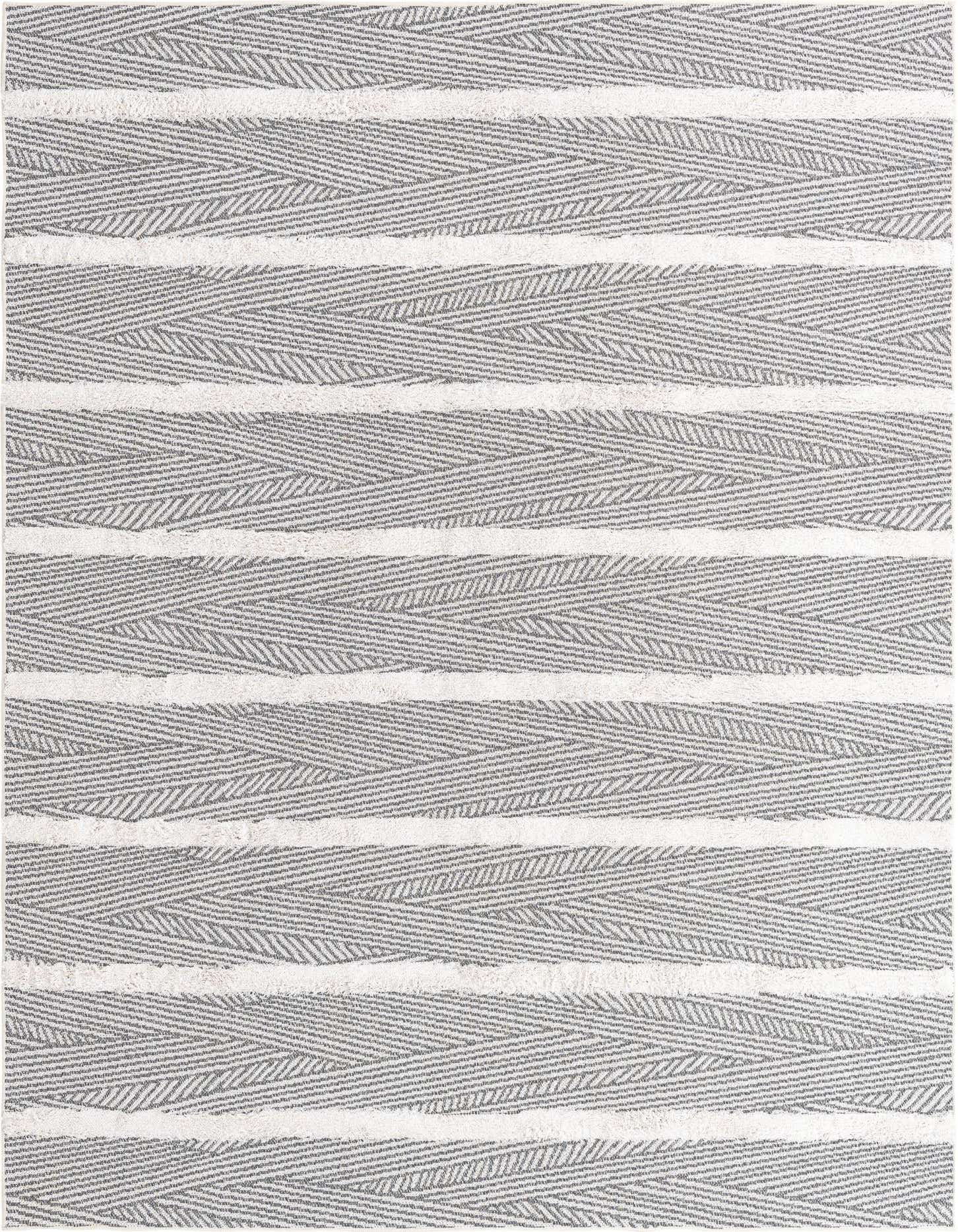A 6x9 rectangular modern area rug featuring alternating textured gray chevron stripes and white flatweave stripes.