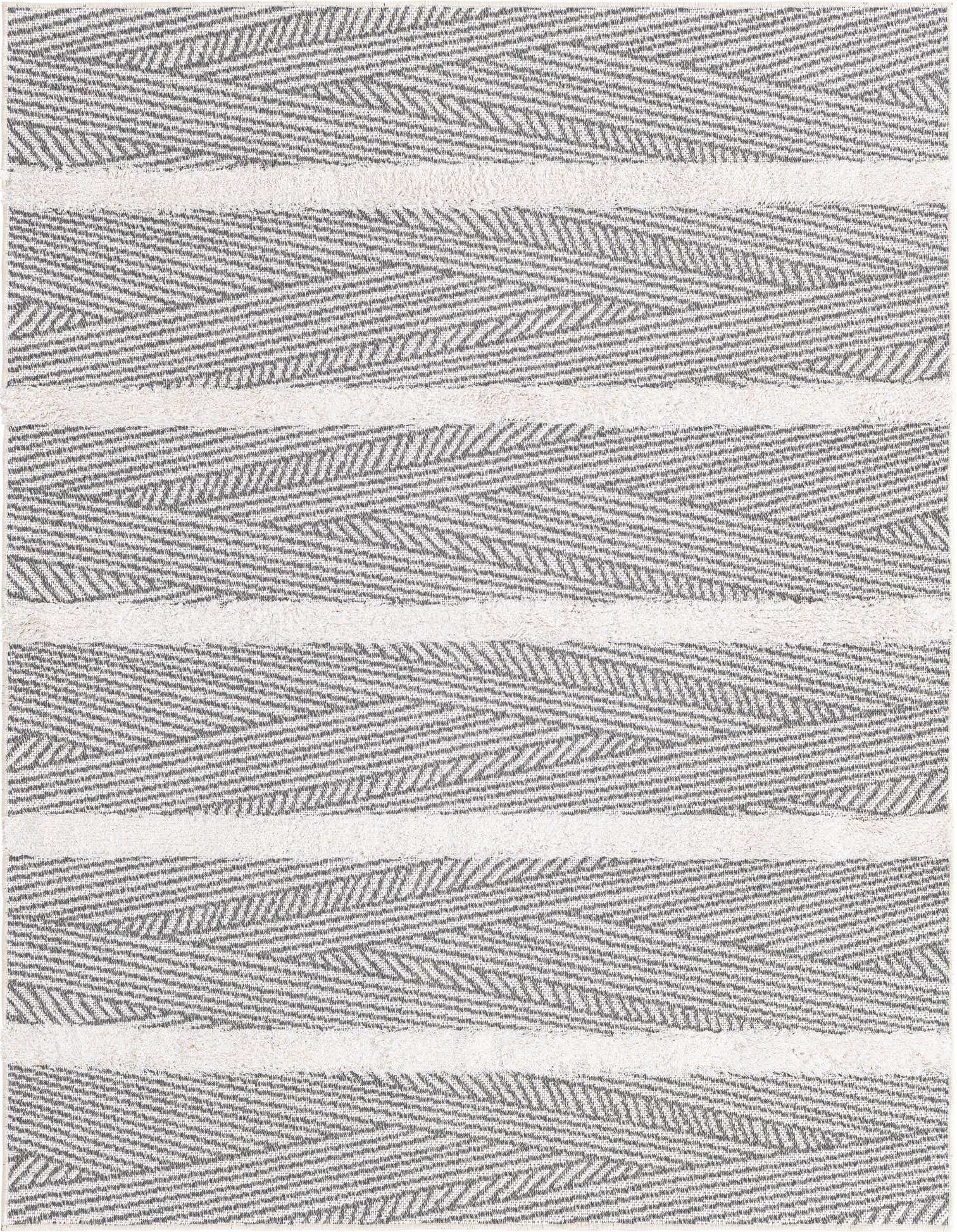 A 2x3 rectangular modern rug with alternating horizontal stripes of textured gray herringbone pattern and raised white pile.