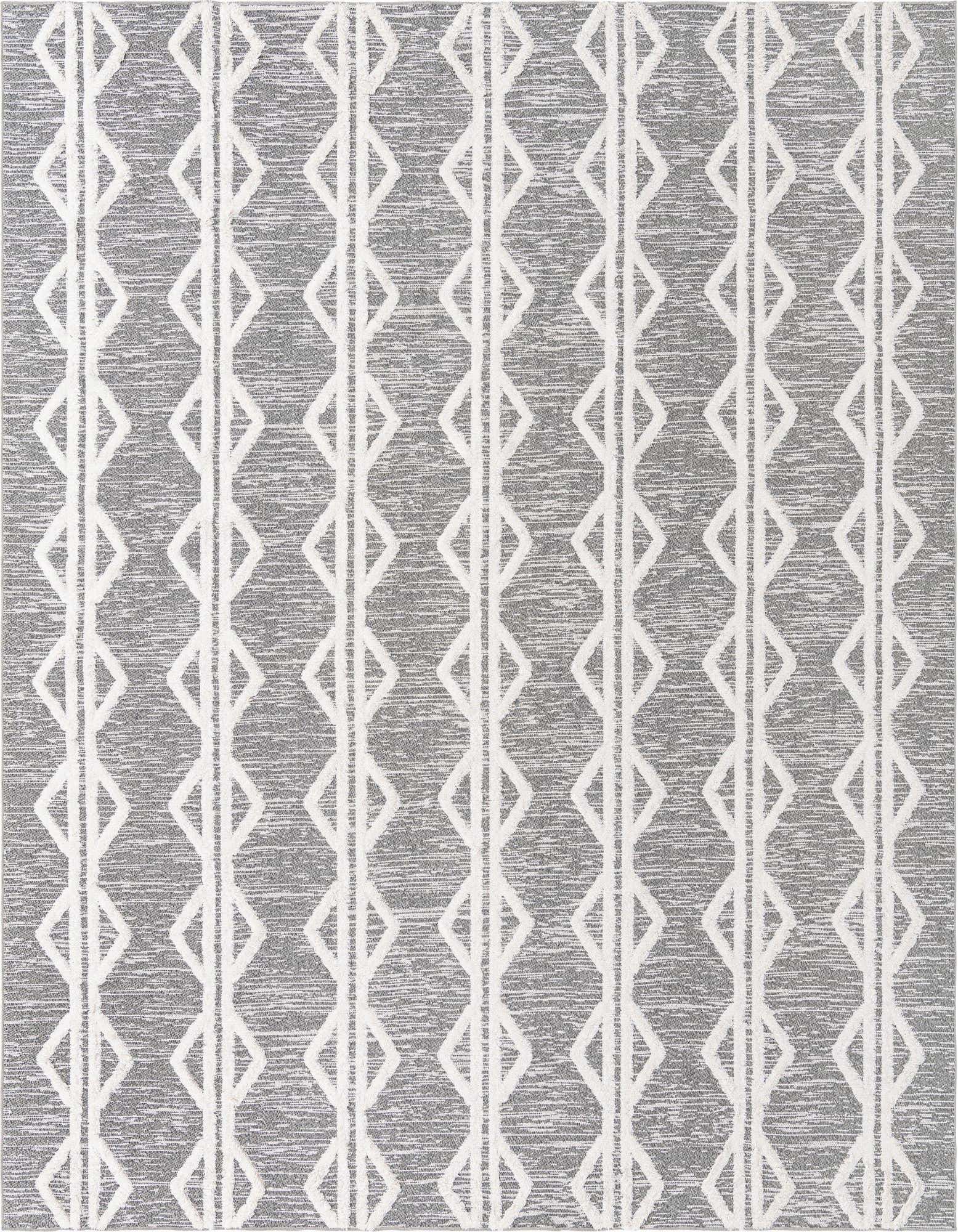 A 9x12 rectangular gray and white tribal rug with vertical stripes of diamond patterns, ideal for a living room or office.