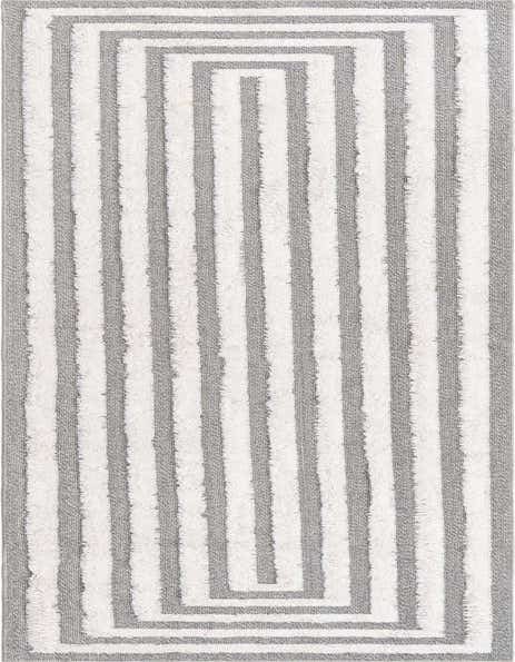 A 12 ft runner rug featuring a modern gray and white striped pattern with a textured, high pile, ideal for a hallway.