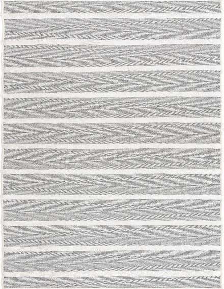 A 12 ft runner rug from the Sabrina Soto Casa collection, featuring alternating stripes of textured gray and white with a modern, natural pattern, ideal for hallways.