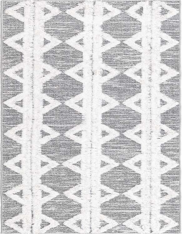 A gray and white 8 ft runner rug with a modern tribal stripe pattern, featuring a textured high pile.
