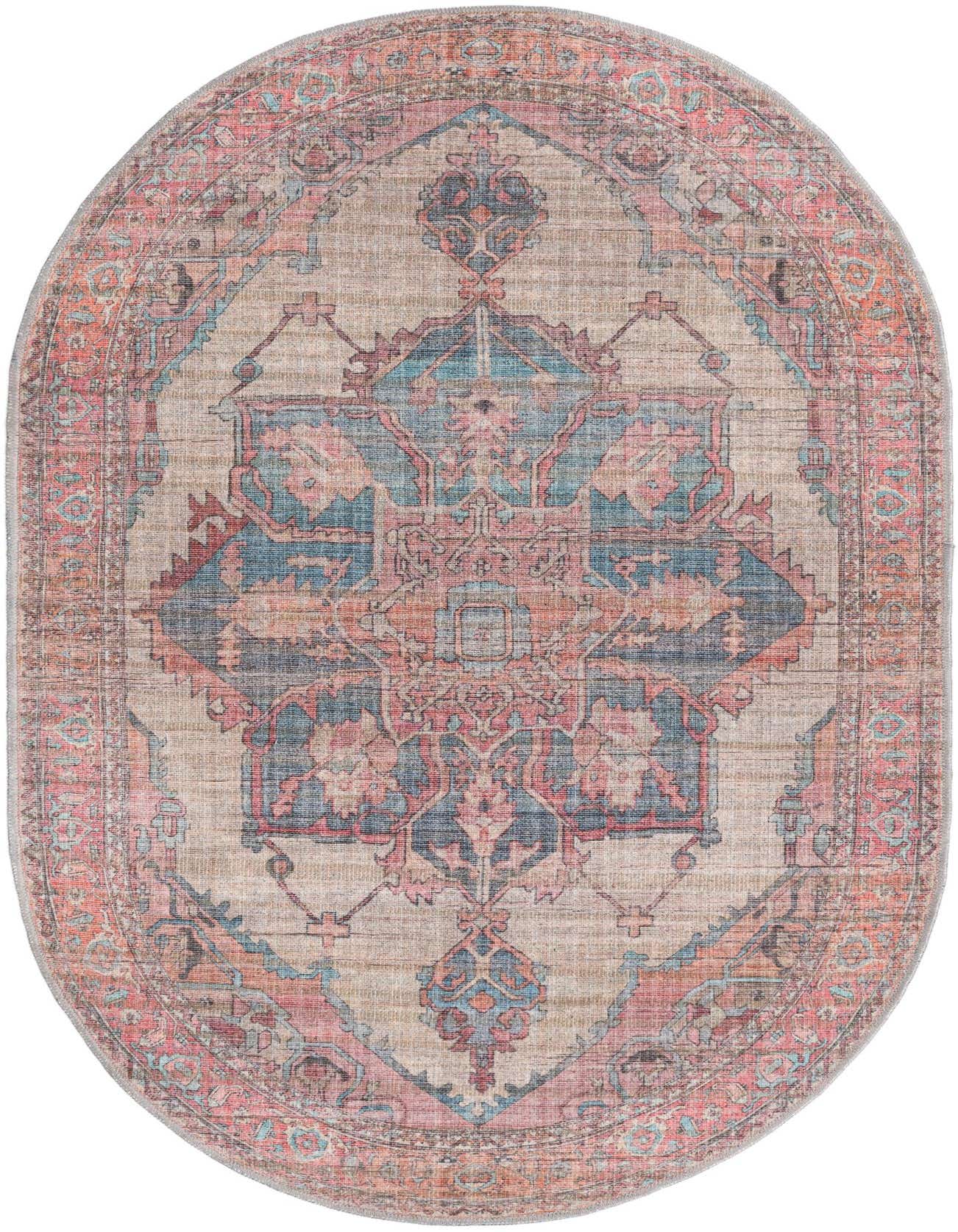 An oval 4'x6' ivory rug with a faded traditional medallion pattern in shades of blue, pink, and orange.