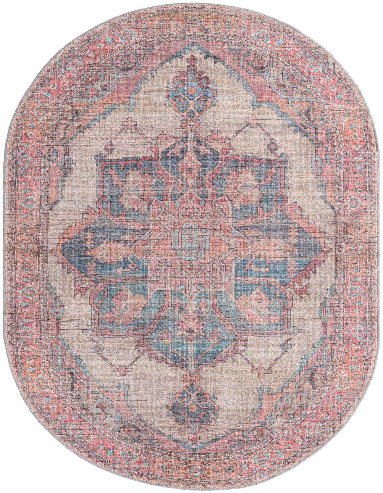 An oval 5'3" x 8'0" ivory, pink, and blue traditional medallion rug with a vintage distressed look.