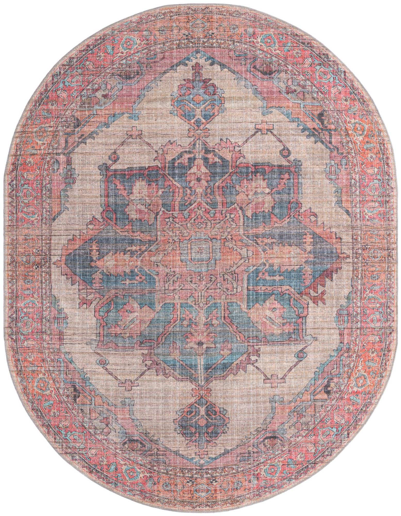 An oval 7' 10 x 10' 0 Nostalgia rug in ivories/creams with a distressed traditional medallion pattern in blue and coral.