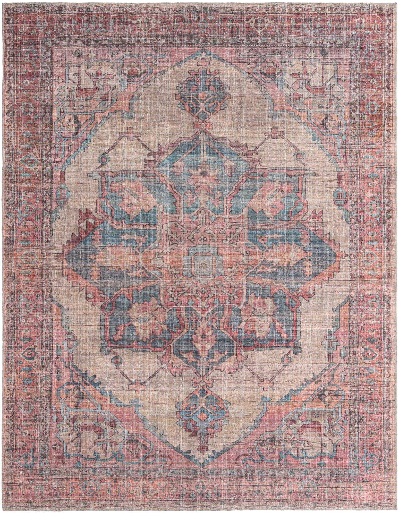 A 9x12 rectangular Rugs.com Nostalgia rug with a faded traditional medallion pattern in ivories, creams, muted teal, and blush tones.