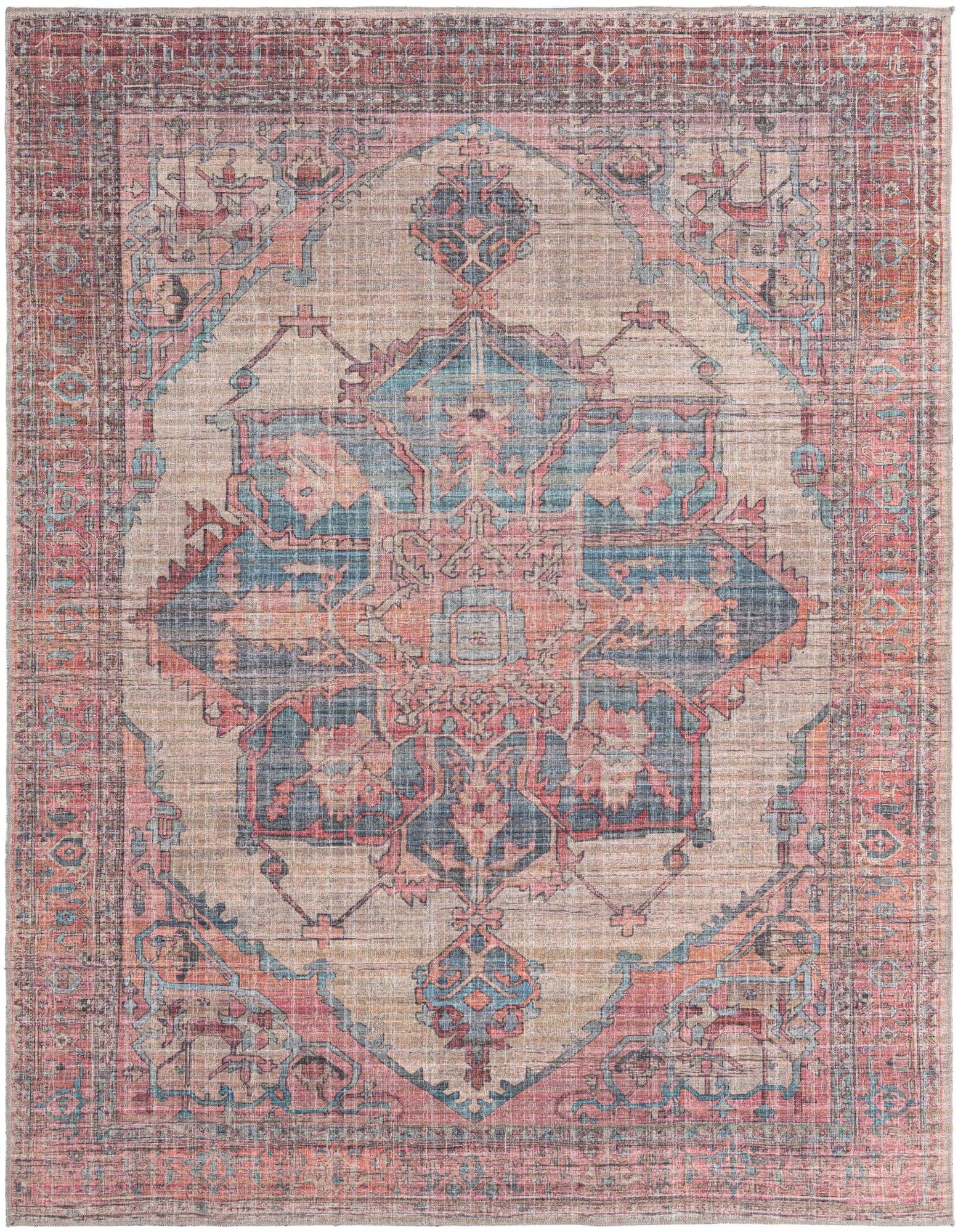 An 8x10 rectangular ivory rug with a faded traditional medallion pattern in teal, pink, and rust tones.
