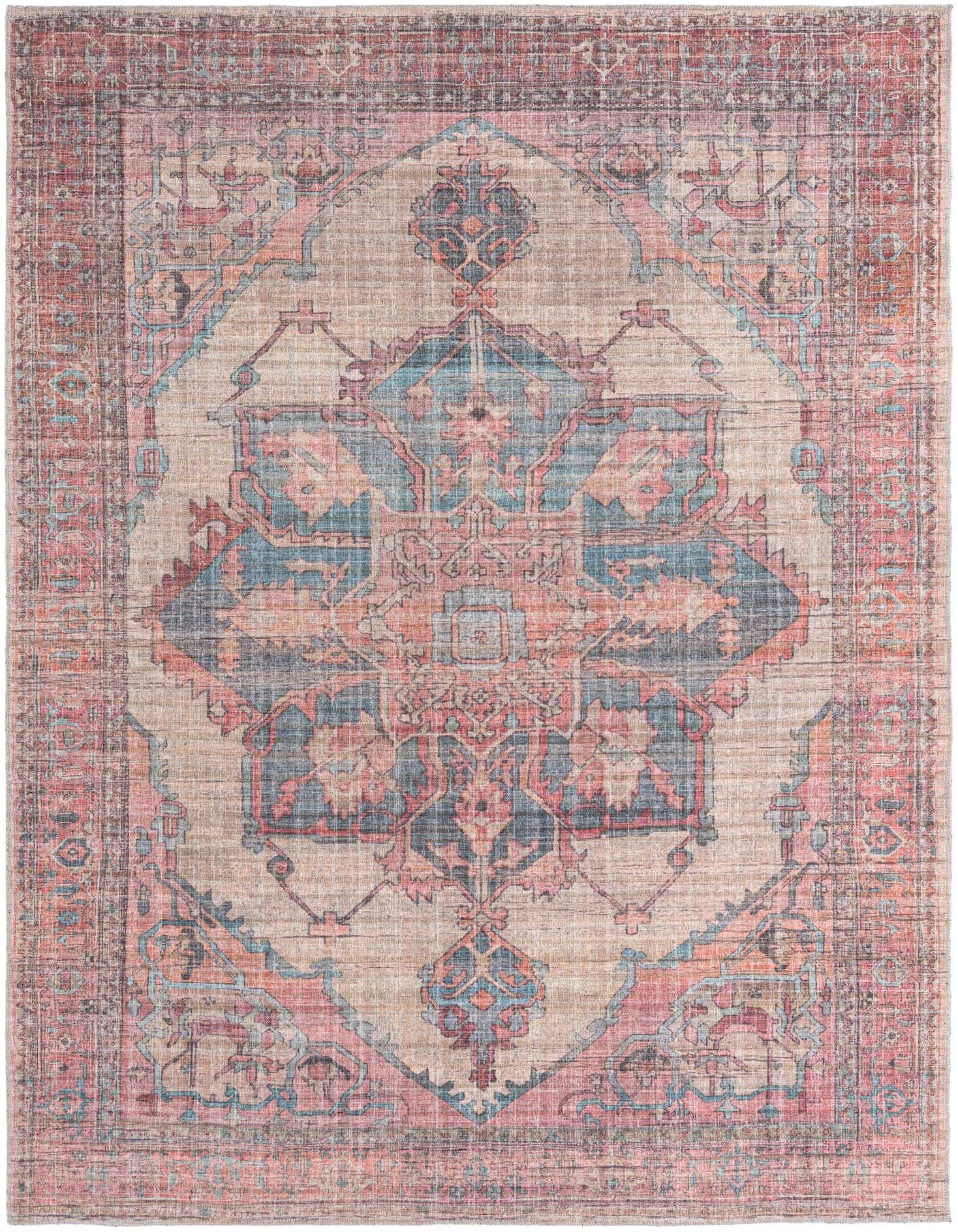 A 7x10 rectangular ivory and multi-colored traditional medallion rug with a vintage look, suitable for a living room.