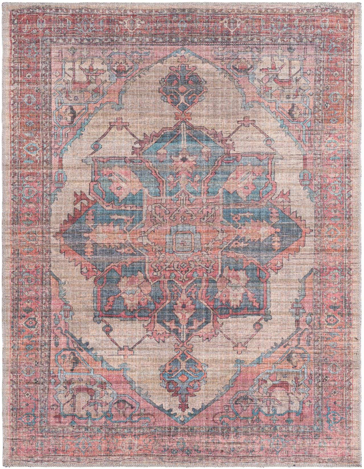 A 4x6 rectangular Rugs.com Nostalgia rug featuring a distressed traditional medallion pattern in ivory, teal, and coral.