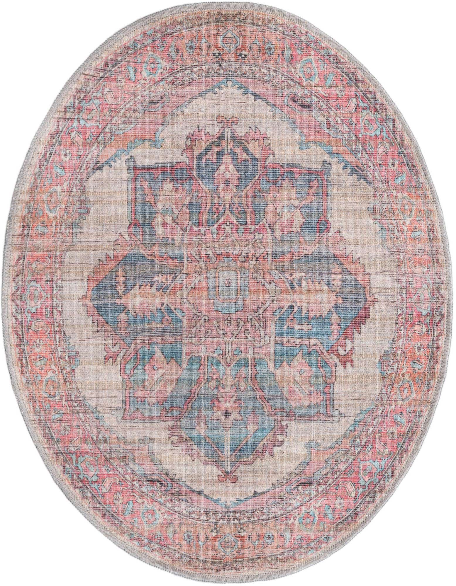 A 3' 3 x 3' 3 round ivory rug with a faded traditional medallion pattern in shades of pink, blue, and orange.
