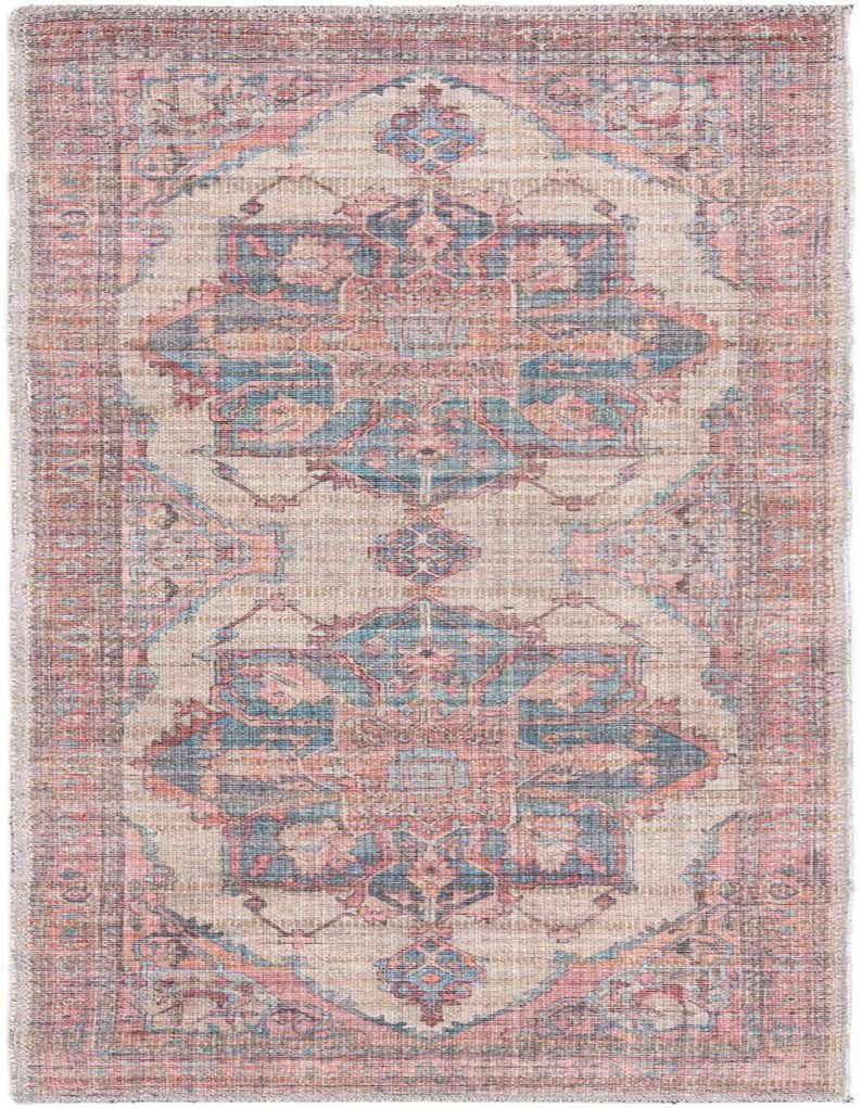 A 5 ft runner rug with a vintage medallion pattern in ivories, creams, pinks, and blues, suitable for a hallway.