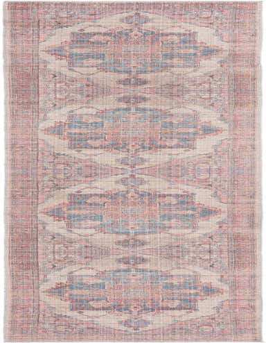 A 14 ft runner rug in ivory, cream, and muted pink with a distressed traditional medallion pattern, ideal for a hallway.