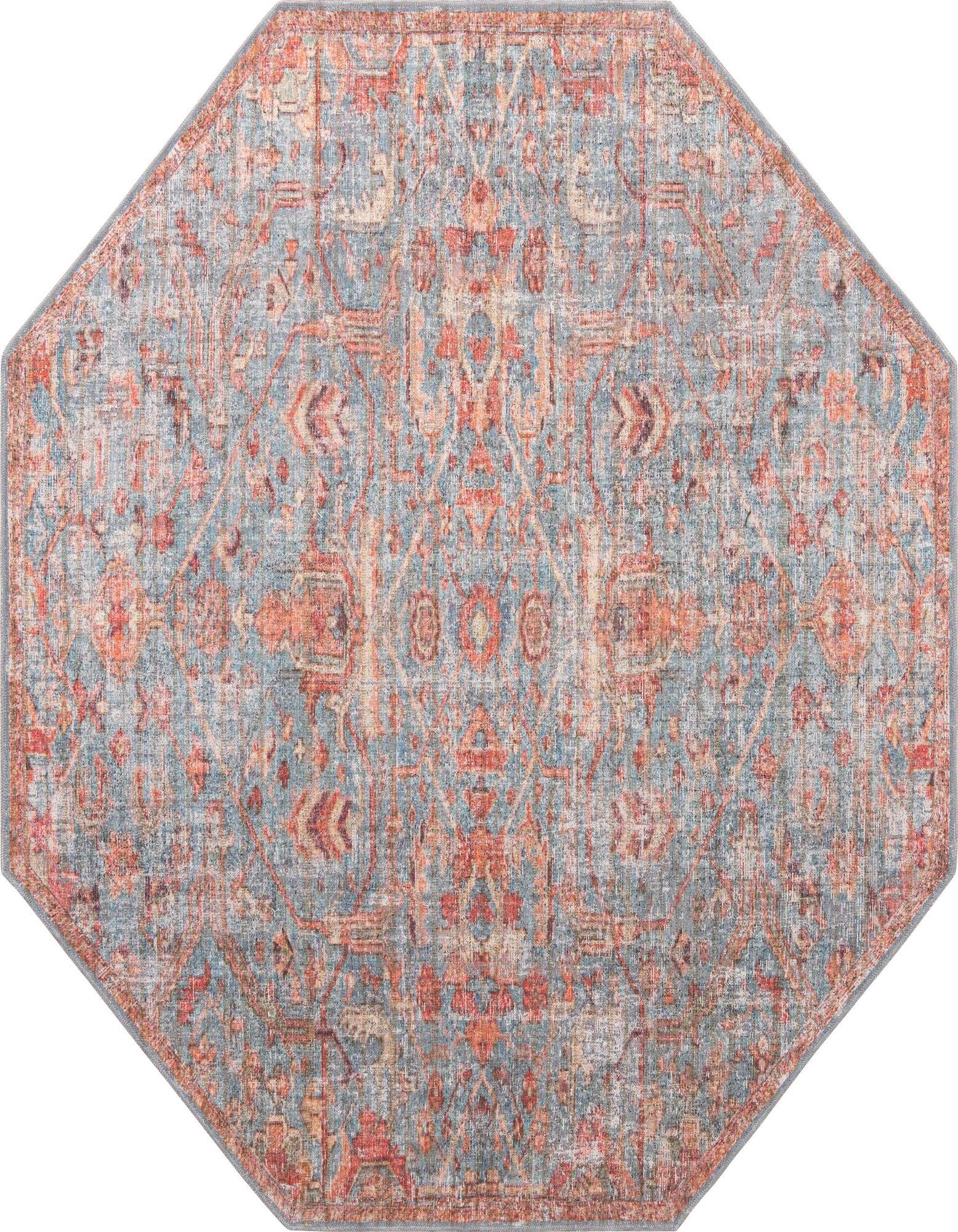 An octagon-shaped blue and orange traditional rug with a distressed tribal floral pattern, featuring a flat pile.