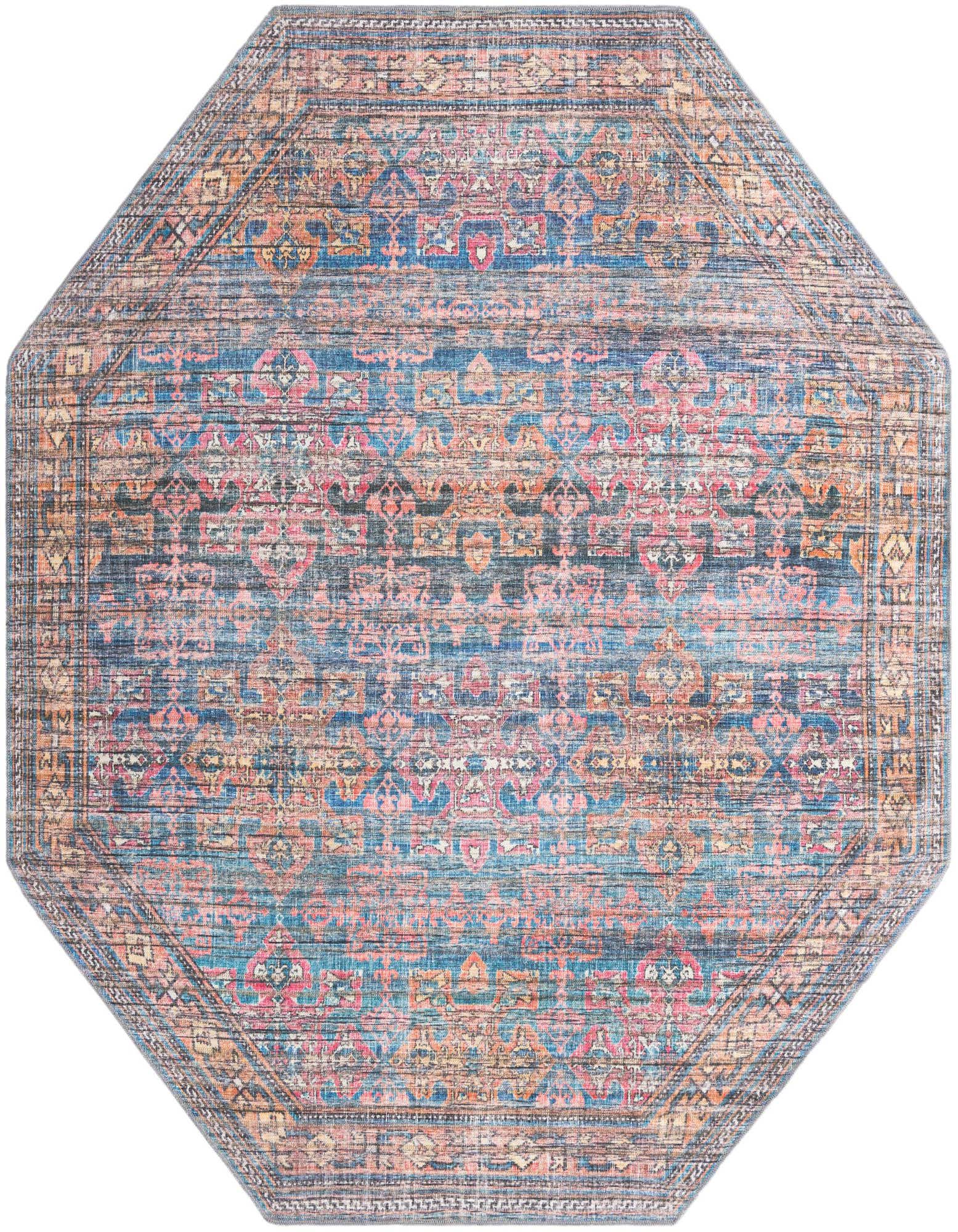 A 7' 10 x 7' 10 octagon rug from the Nostalgia Collection, featuring a distressed traditional floral pattern in shades of blue, pink, and orange.