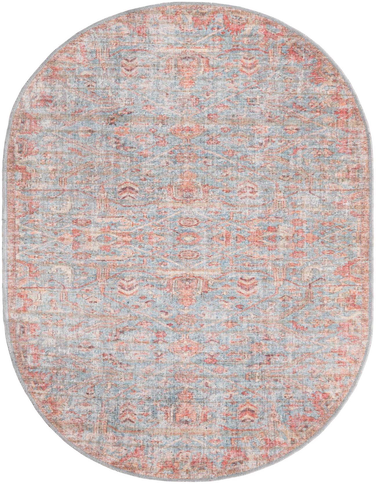 An oval 4' x 6' Rugs.com Nostalgia rug featuring a distressed blue, red, and cream traditional tribal pattern.