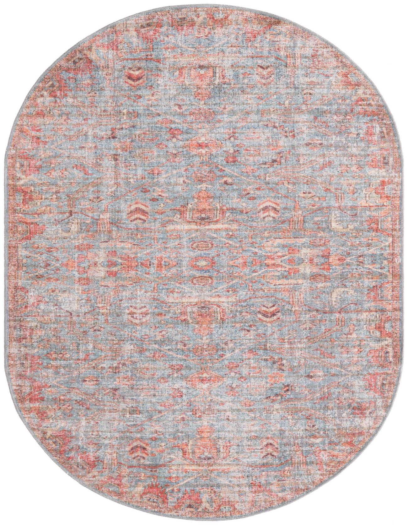 An oval 5'3" x 8'0" Rugs.com Nostalgia rug featuring a distressed traditional floral and tribal pattern in shades of blue and muted red, ideal for a patio.
