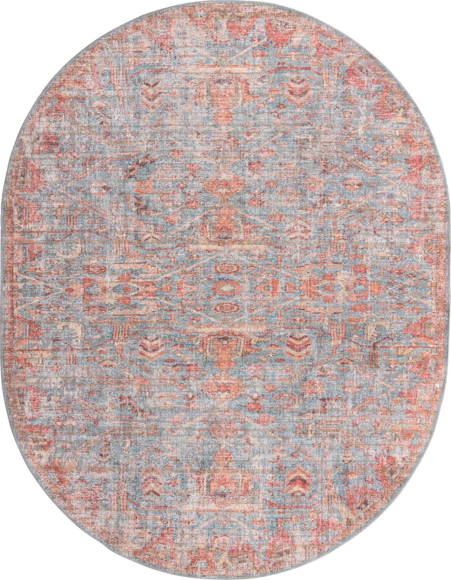 An oval 7' 10 x 10' 0 blue rug with a distressed traditional and tribal floral pattern in shades of red and orange.