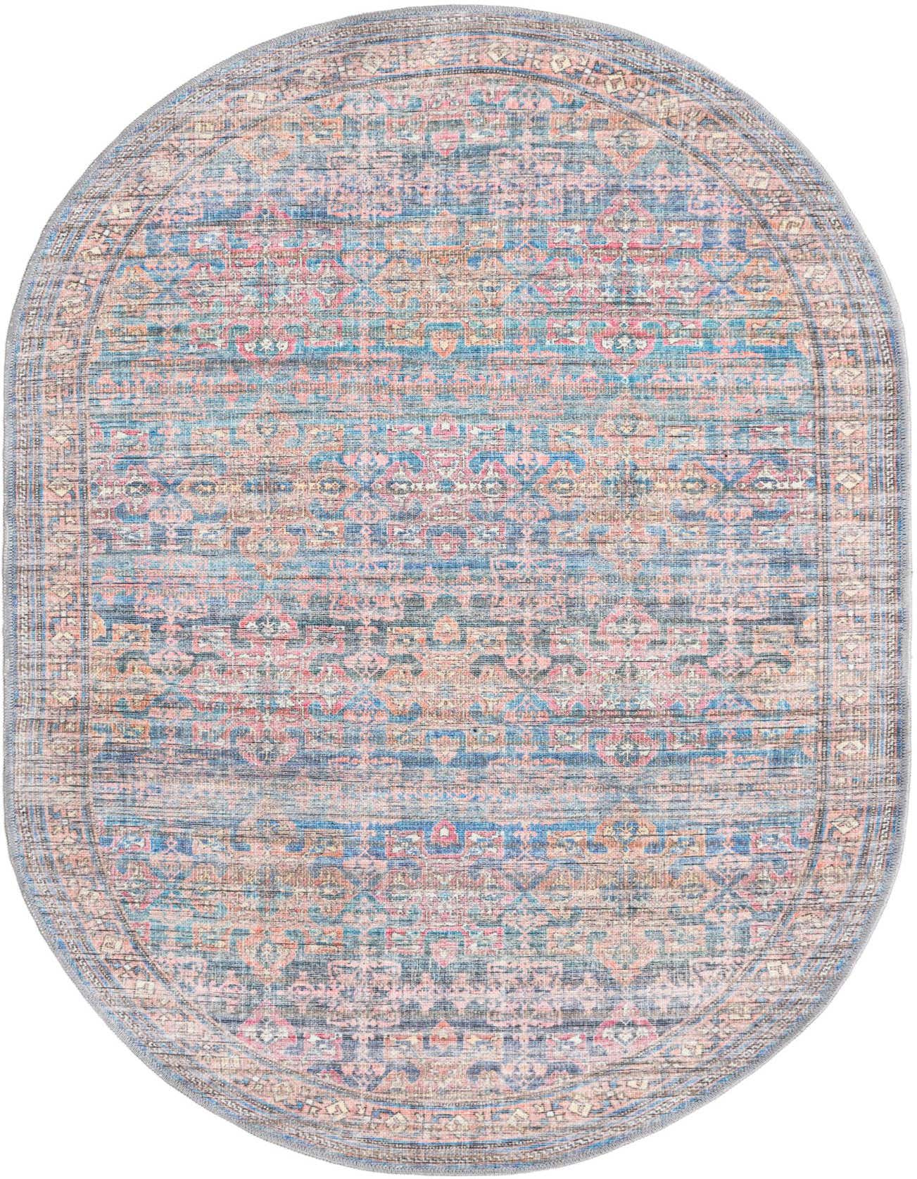 An oval 4' x 6' blue area rug with a vintage traditional floral pattern and distressed look.