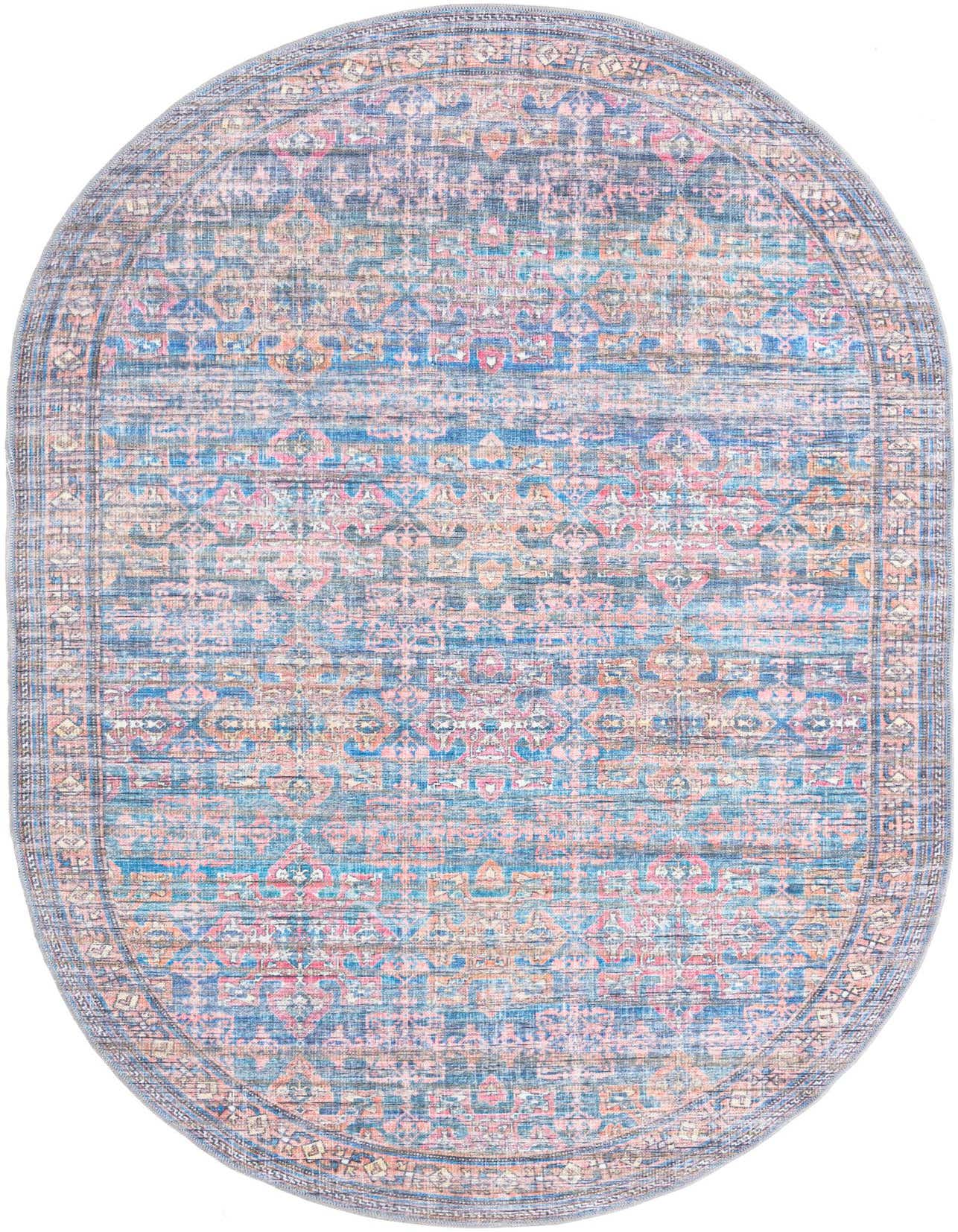 A 5'3 x 8'0 oval rug from the Nostalgia Collection, featuring a distressed traditional floral pattern in various shades of blue and hints of pink and orange.