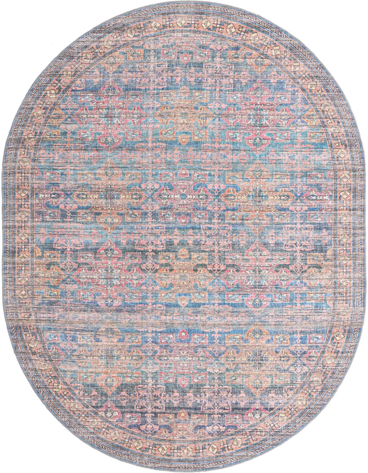 An oval 7'10" x 10'0" blue and pink traditional rug with a vintage floral pattern and a decorative border.