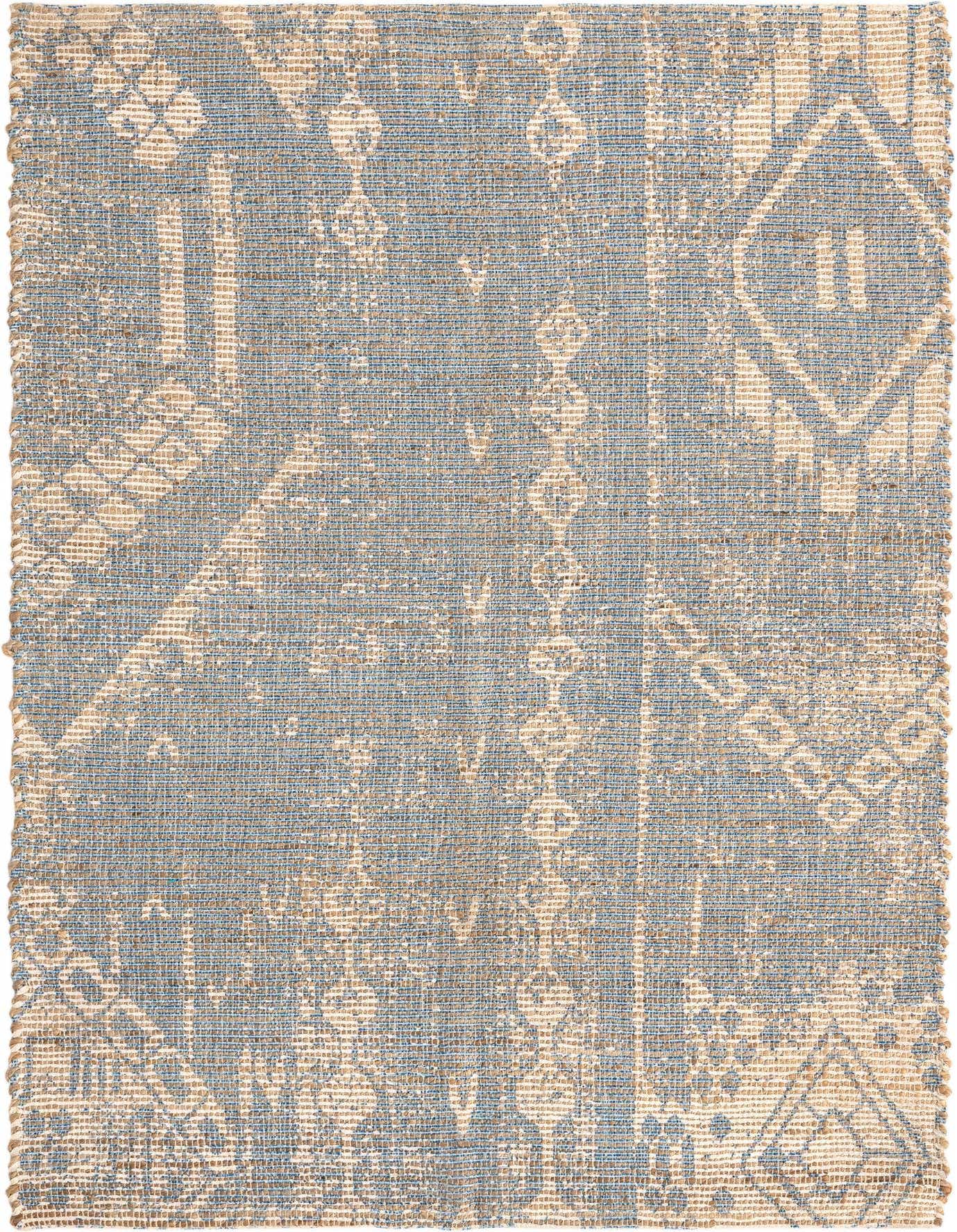 A 4x6 rectangular blue and natural jute rug with a modern Southwestern abstract pattern, suitable for various indoor rooms.