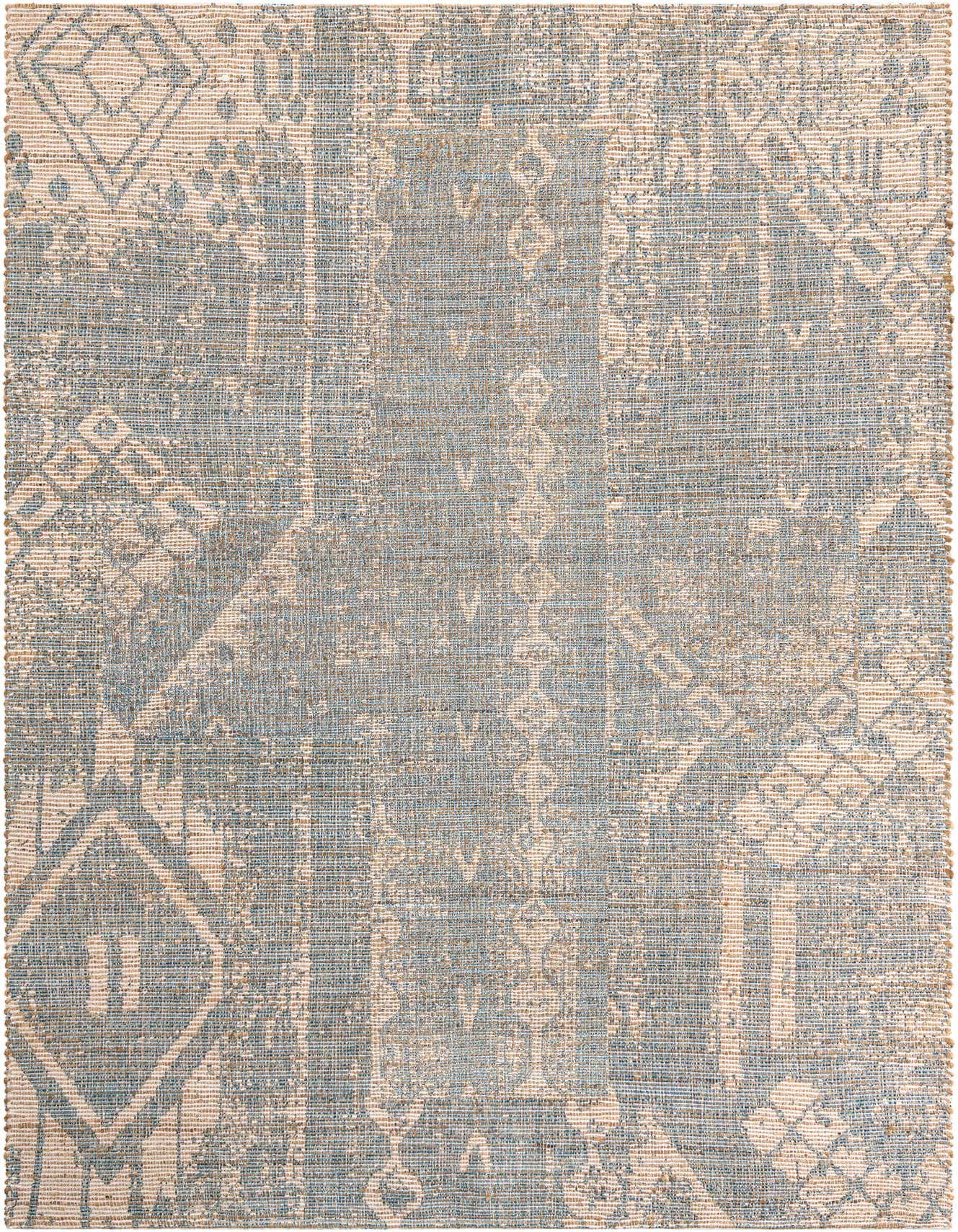 A 6x9 rectangular Rugs.com Chenille Jute rug featuring a modern Southwestern abstract pattern in varying shades of blue and natural jute tones.