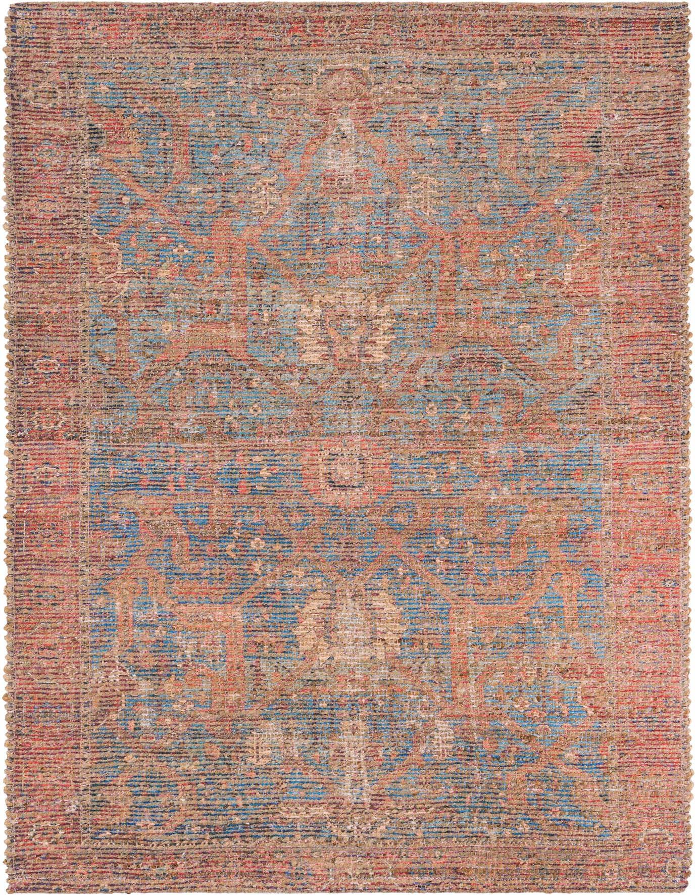 A 4x6 rectangular blue and rust oriental rug with a traditional medallion pattern, made from chenille and jute.