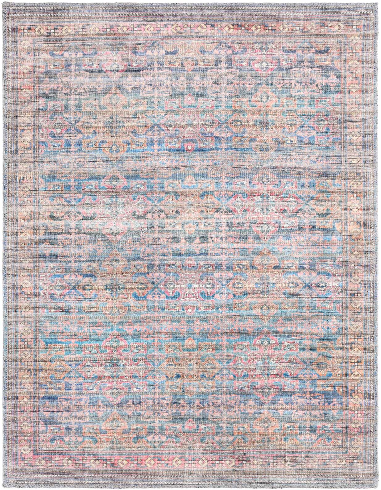 A 3x5 rectangular Rugs.com Nostalgia rug featuring a distressed traditional floral pattern in various shades of blue, pink, and orange.