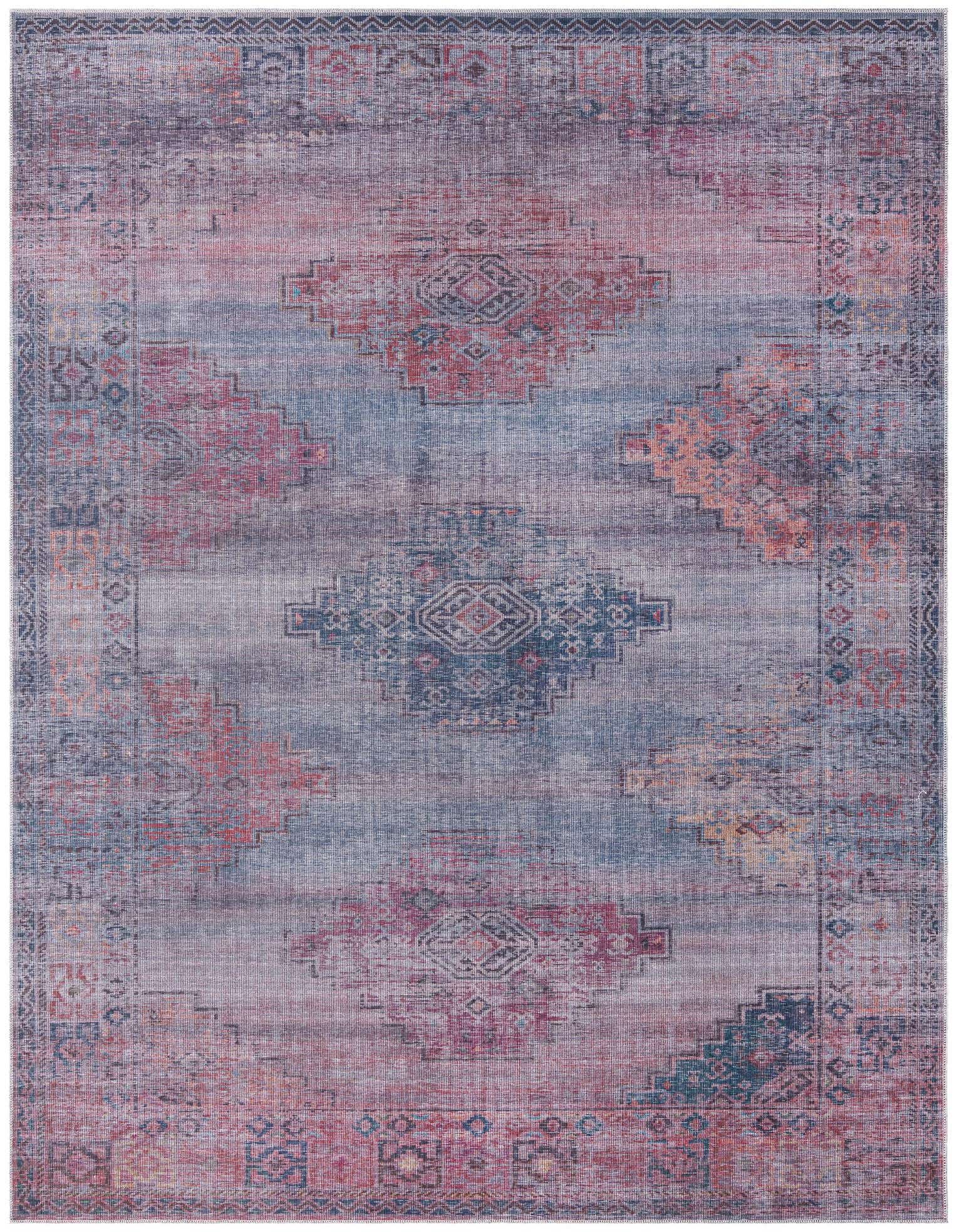 A 9x12 rectangular Sisu rug featuring a distressed Southwestern and tribal pattern in shades of blue, red, and orange.