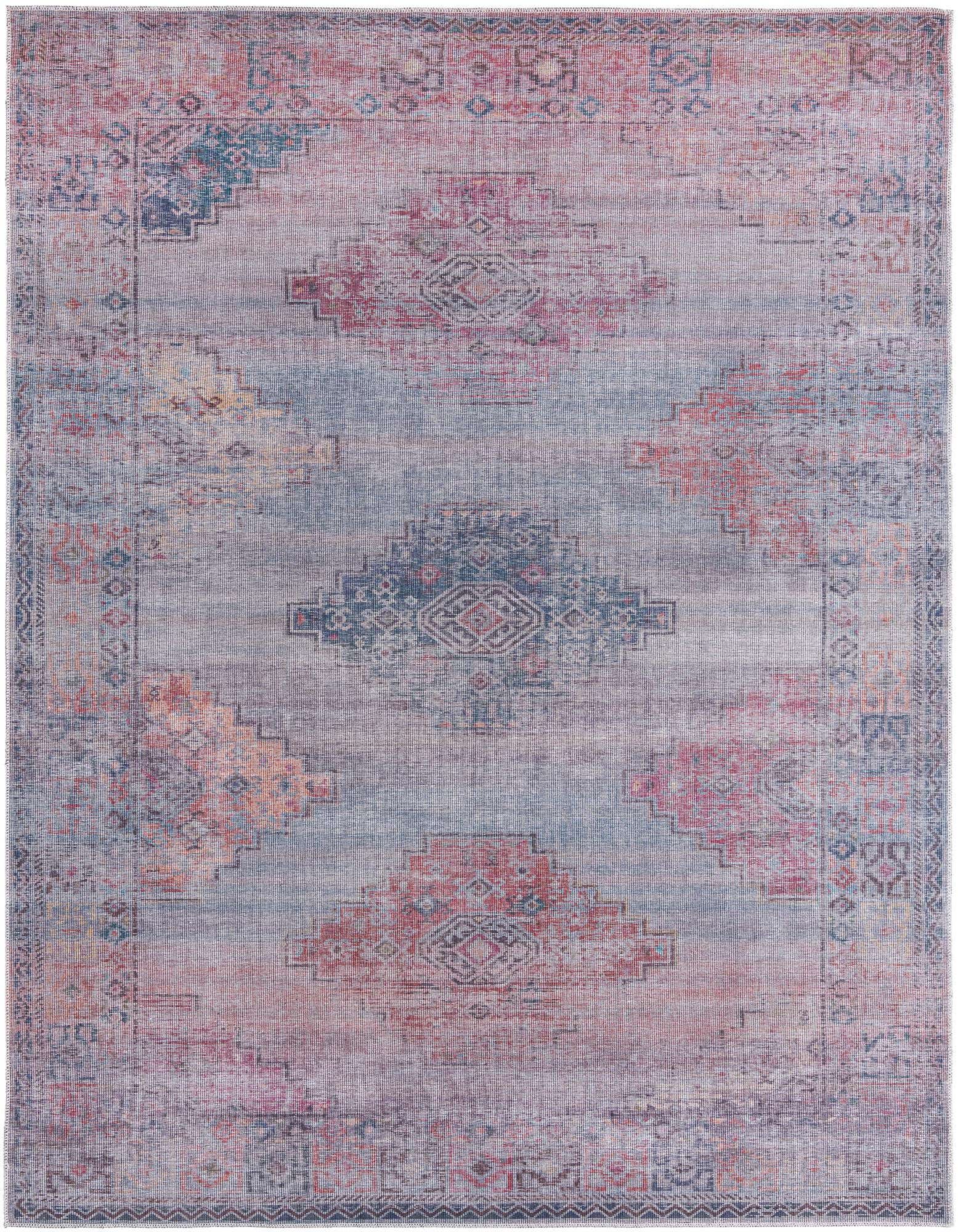 A rectangular 8x10 Sisu rug with a faded Southwestern medallion pattern in blues, reds, and oranges, suitable for a living room.