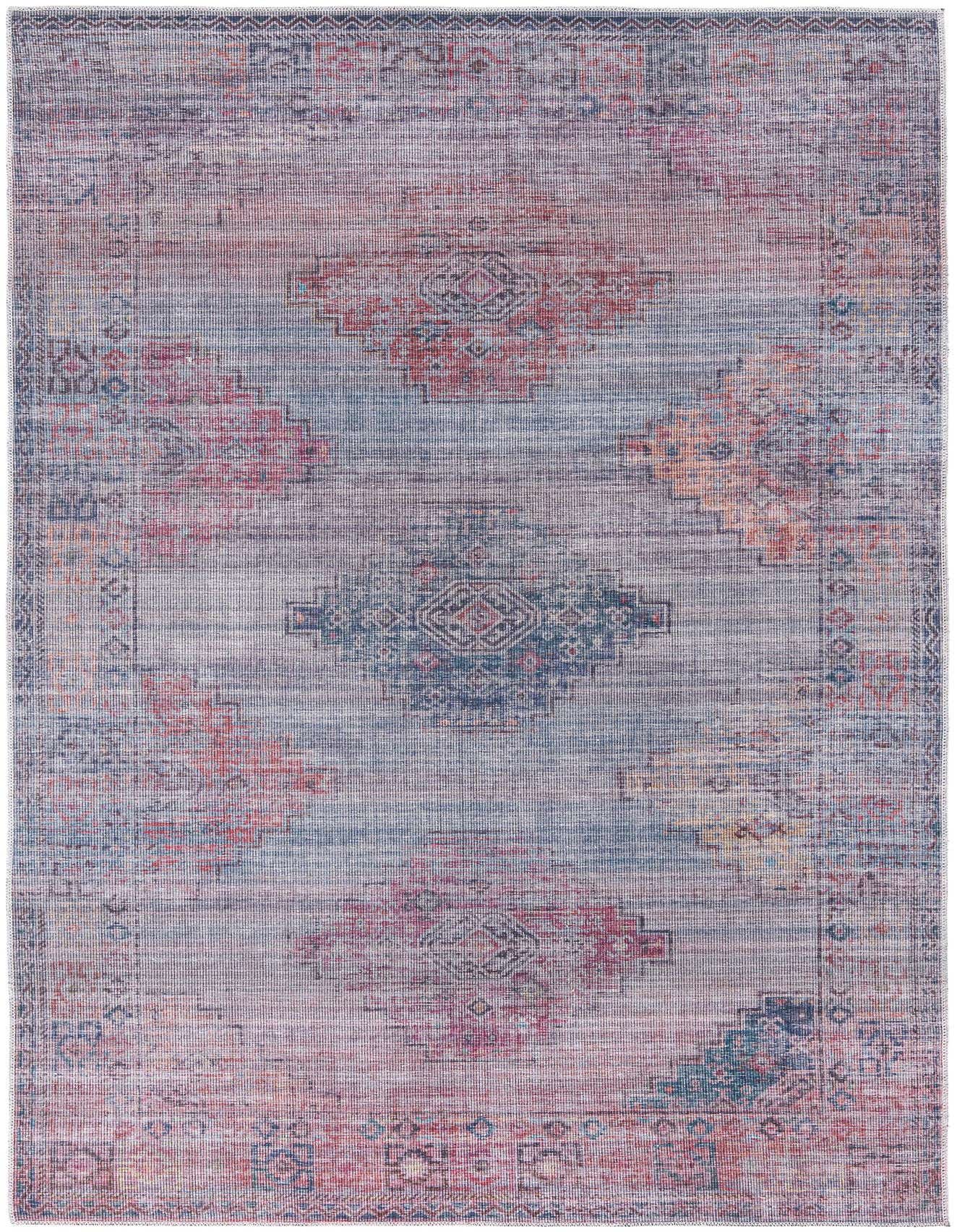 A 6x9 rectangular Rugs.com Sisu rug featuring a faded Southwestern and Tribal pattern in various shades of blue, red, and orange.