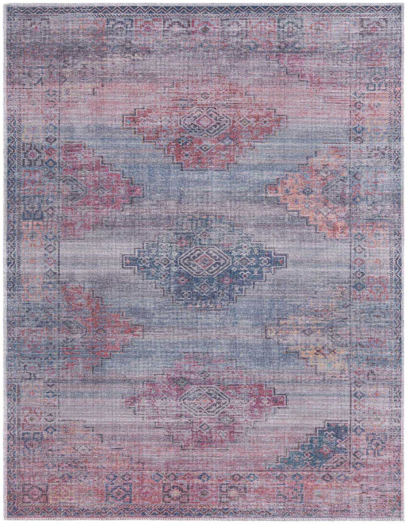 A 5x8 rectangular indoor rug featuring a distressed Southwestern and tribal pattern in shades of blue, red, and orange.
