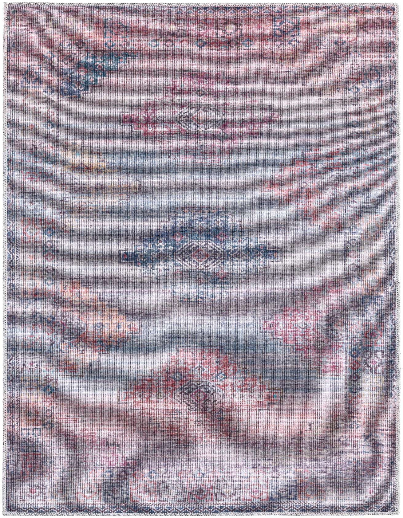 A 4x6 rectangular blue and red Southwestern rug with a distressed vintage pattern, ideal for a living room.