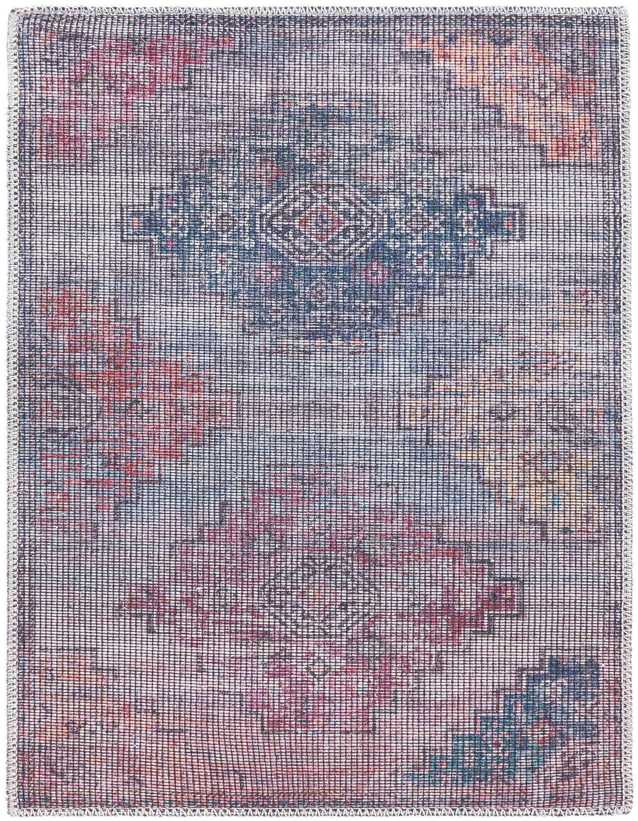 A 2x3 rectangular Rugs.com Sisu rug featuring a distressed Southwestern and tribal pattern in shades of blue, red, and yellow on a flat, textured pile.