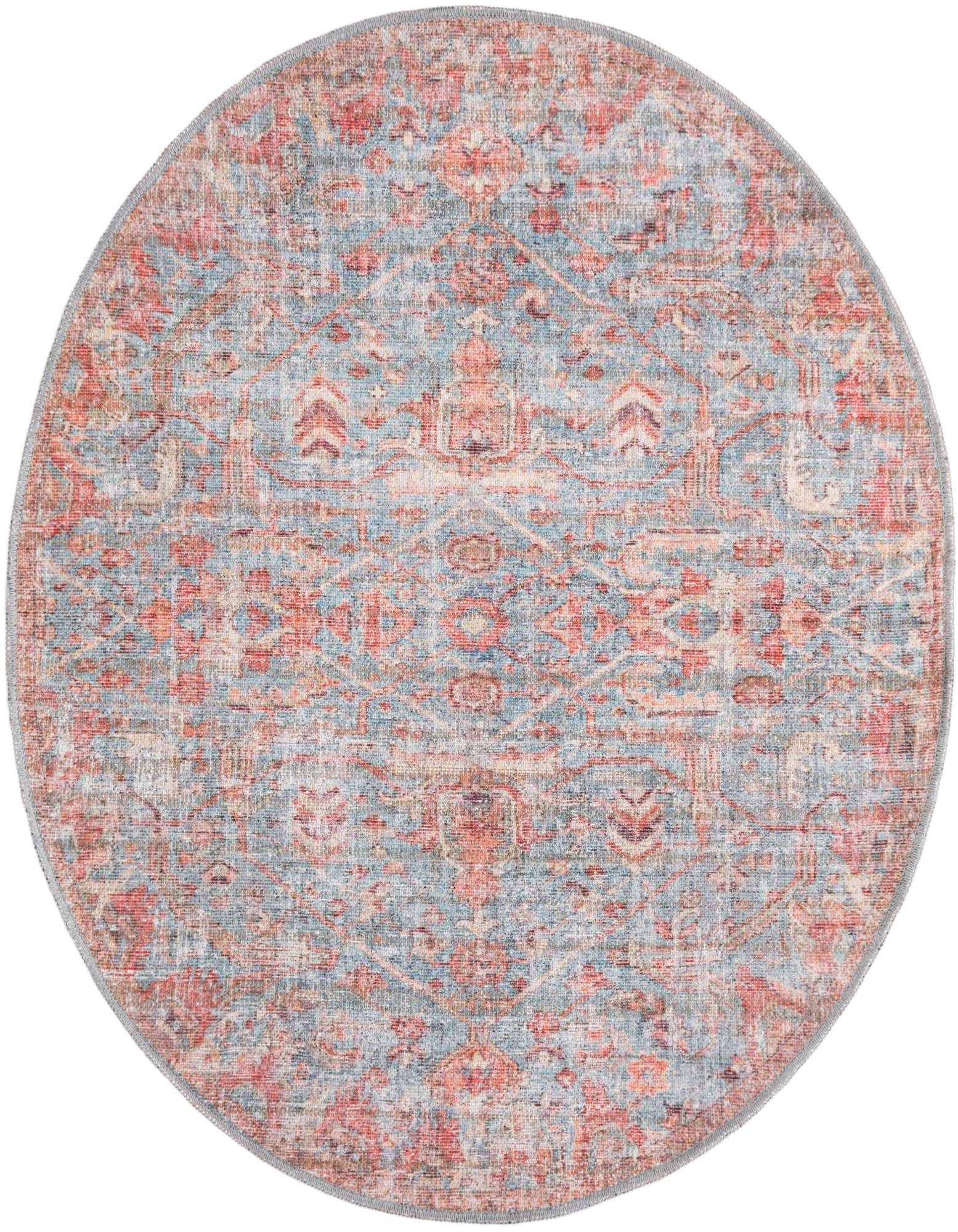 A 4' round blue and red traditional rug with a distressed vintage floral pattern, suitable for a living room or bedroom.