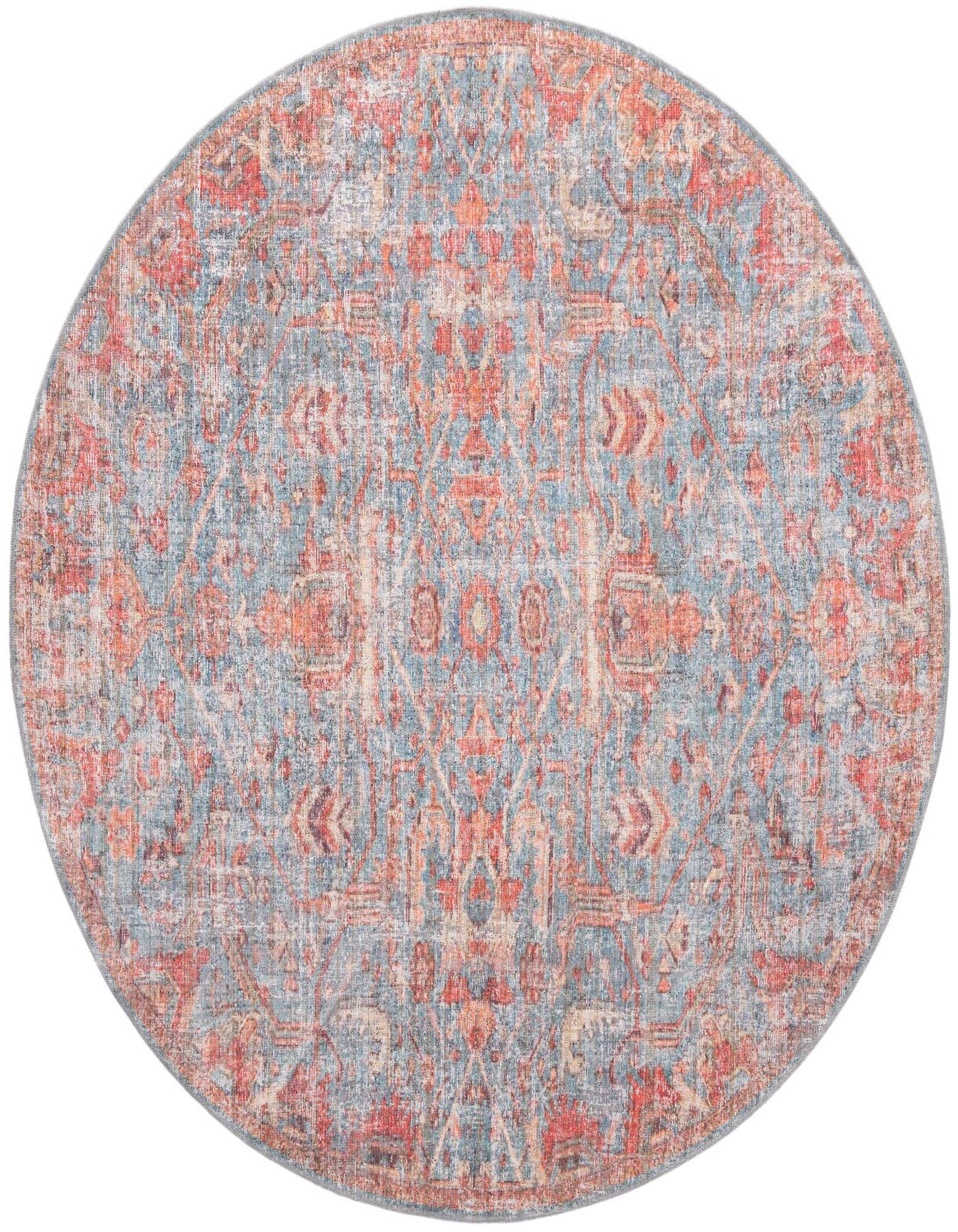A round 7'10" blue and red vintage tribal rug with a distressed floral pattern, suitable for a living room or patio.