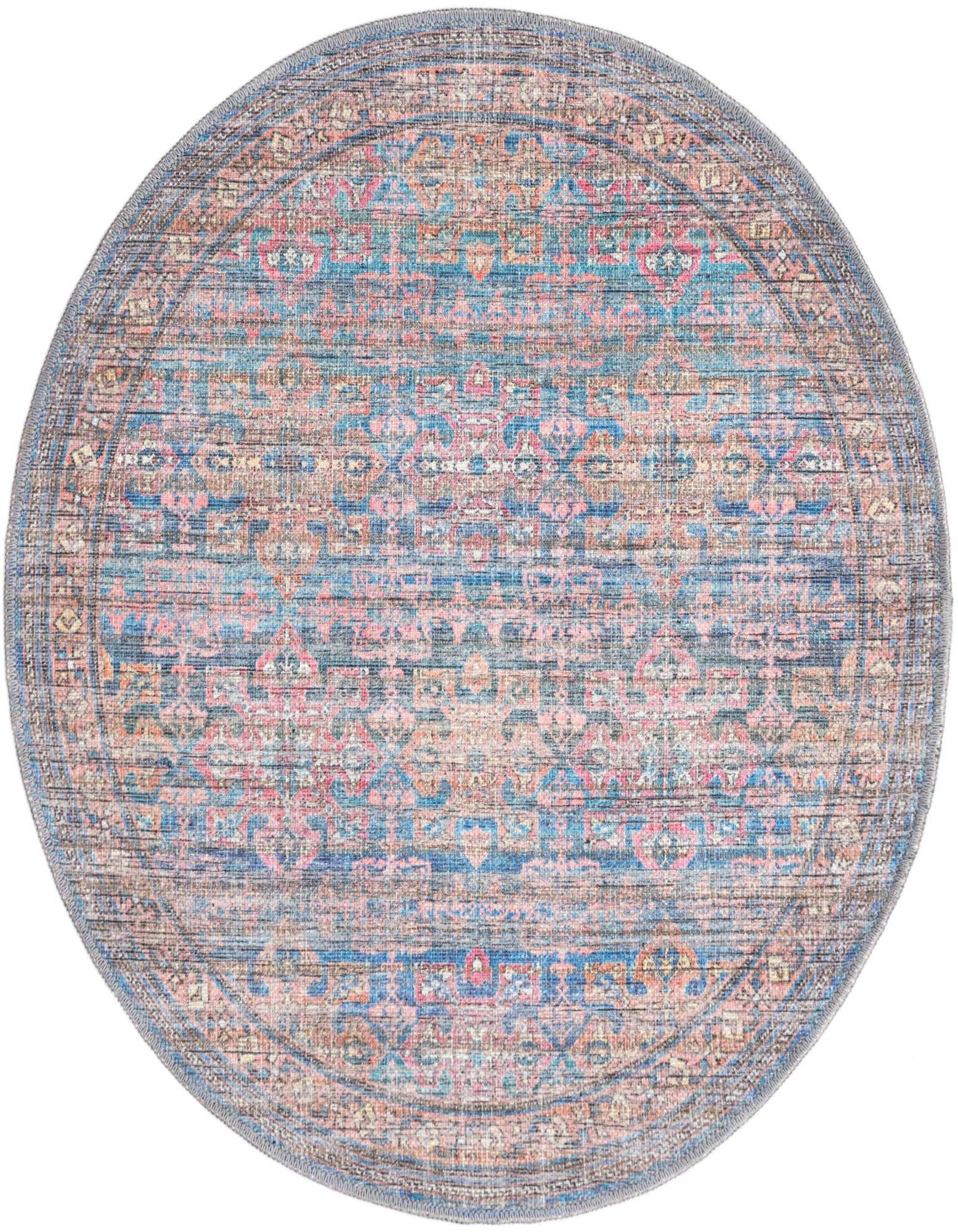 A 3' 3 round blue traditional rug with vintage floral patterns in pink, orange, and teal, featuring a flat, textured pile.