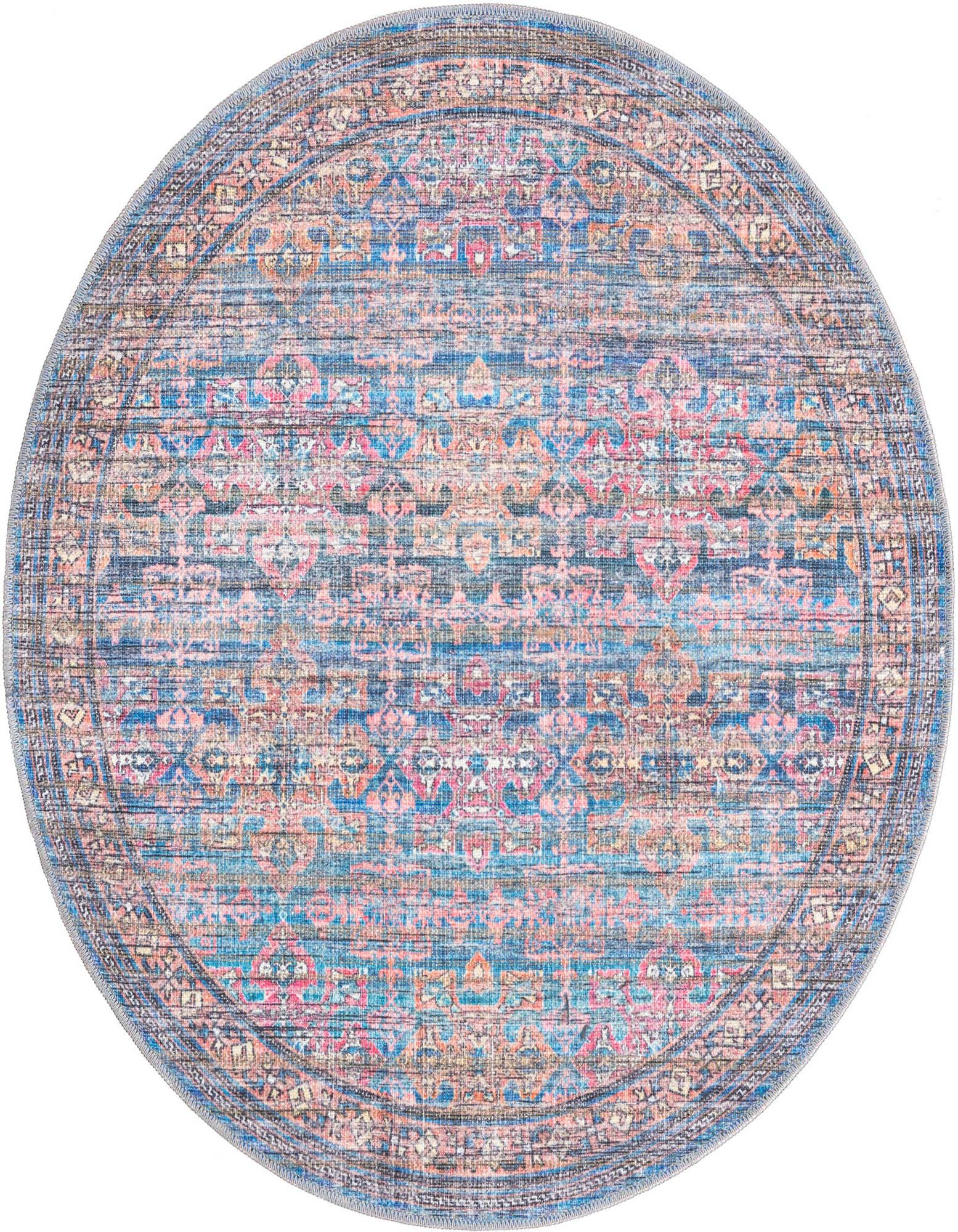 A 4' round blue and pink traditional rug with an intricate floral and medallion pattern and a decorative border.